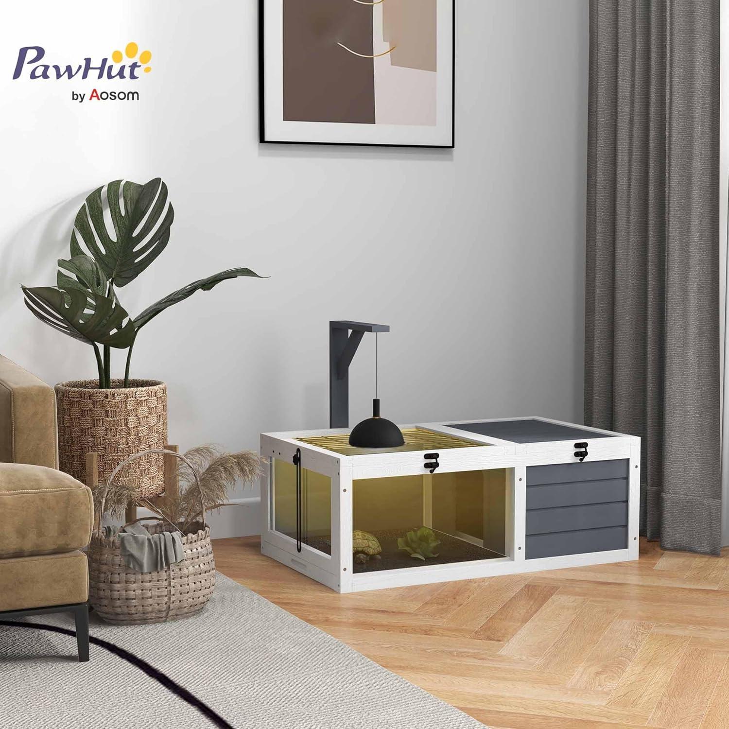 Tucker Murphy Pet™ Tortoise Habitat, Wooden Tortoise House, Indoor Outdoor Tortoise Enclosure With Lamp Holder, Pull-Out Waterproof Trays, Openable Lids, Gray