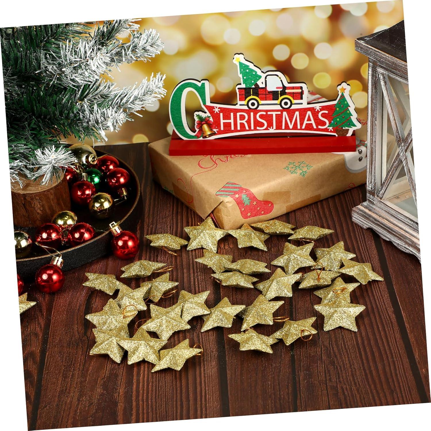 30Pcs Mini Gold Glitter Star Pendant Christmas Tree Hanging Decorations Xmas Star Pendant Tree Ornament Decoration for Christmas