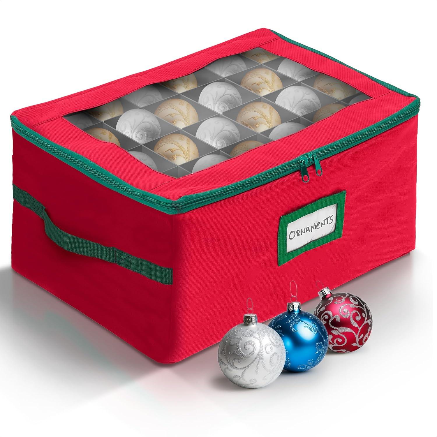 HOLDN’ STORAGE Christmas Ornament Storage Box with Dividers - Fits 72-3” Ornaments, 3 Removable Trays, Durable & Space-Saving, Clear Top Lid, Convenient Storage Designed, Red