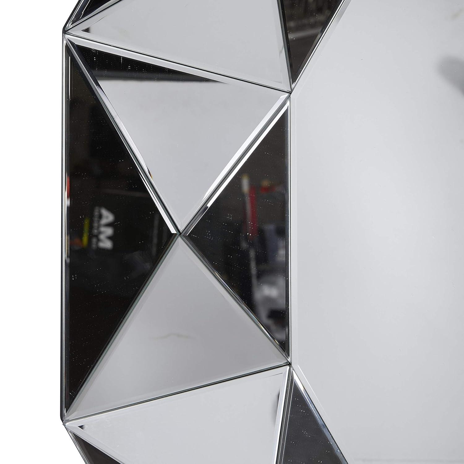 DecMode Glam Glass Silver Round Wall Mirror with Triangular Patterns, 40"D