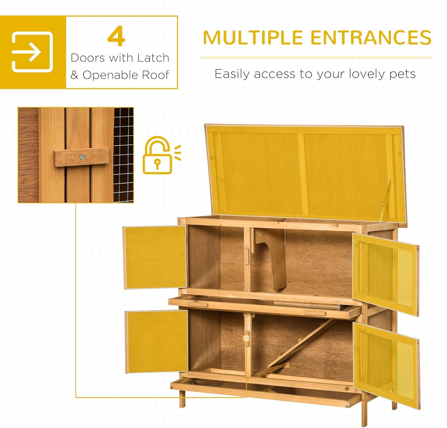 PawHut Wooden Bunny Hutch Rabbit Hutch Small Animals Habitat with Ramp, Removable Tray and Weatherproof Roof, Indoor/Outdoor, Yellow