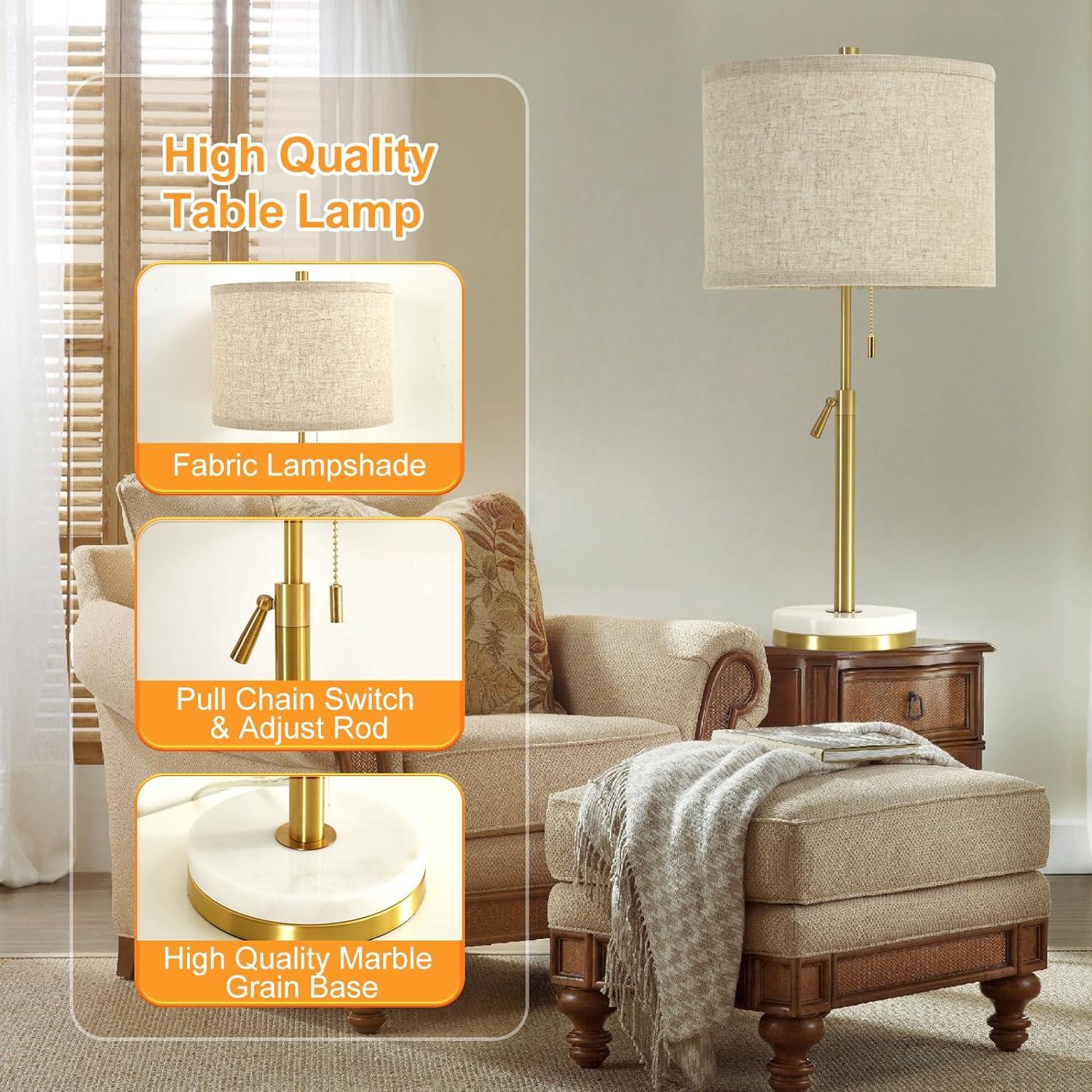 Naw Adjustable Height Bedside Lamps Marble Table Lamps with Pull Chain Nightstand Lamps (Set of 2)