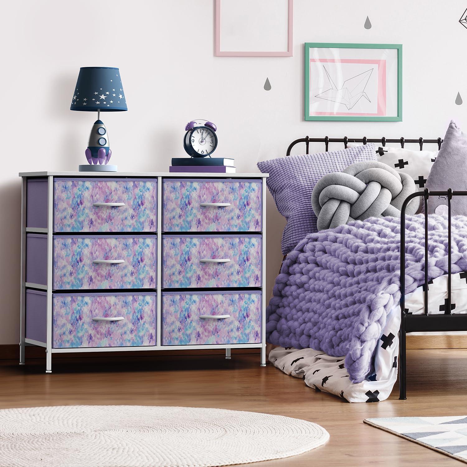 Sorbus 6 Drawers Dresser- Storage Unit with Steel Frame, Wood Top, Fabric Bins - for Bedroom, Closet, Office and more (Tie Dye Purple)