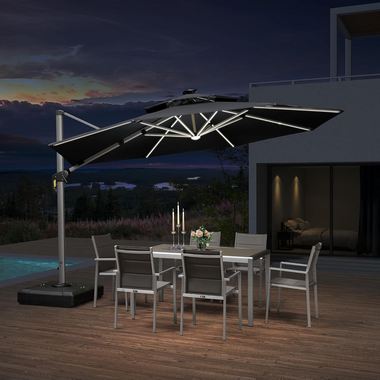 PURPLE LEAF 12-ft Aluminum Black Crank Cantilever Patio Umbrella with Lights