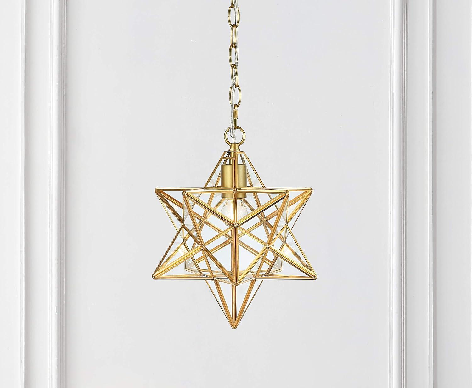 Stella 12" Moravian Star Metal/Clear Glass LED Pendant, Gold Leaf/Clear