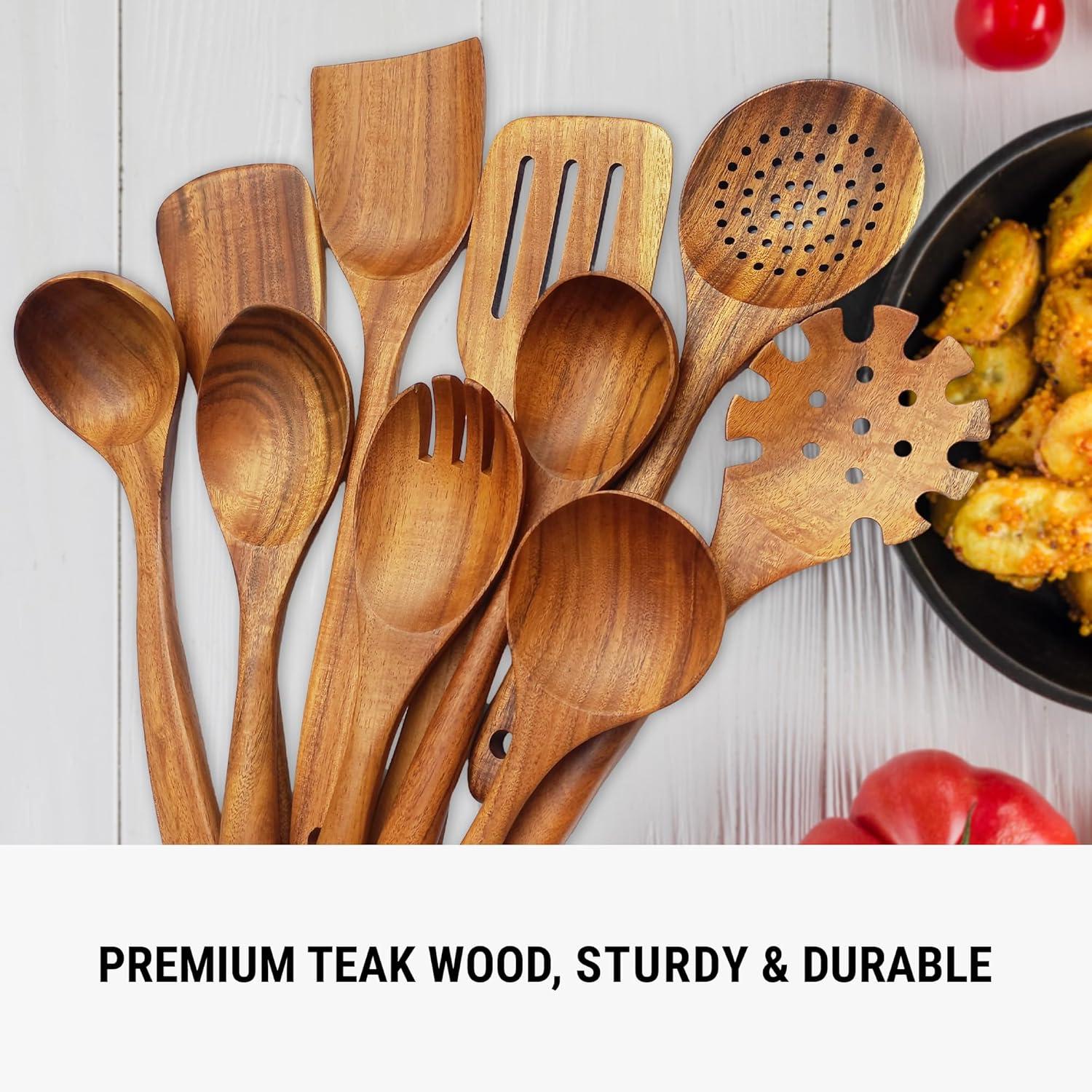Wooden Spoons for Cooking, 10 Pcs Teak Wood Cooking Utensil Set ‚ Wooden Kitchen Utensils for Nonstick Pans & Cookware ‚ Sturdy, Lightweight & Heat Resistant