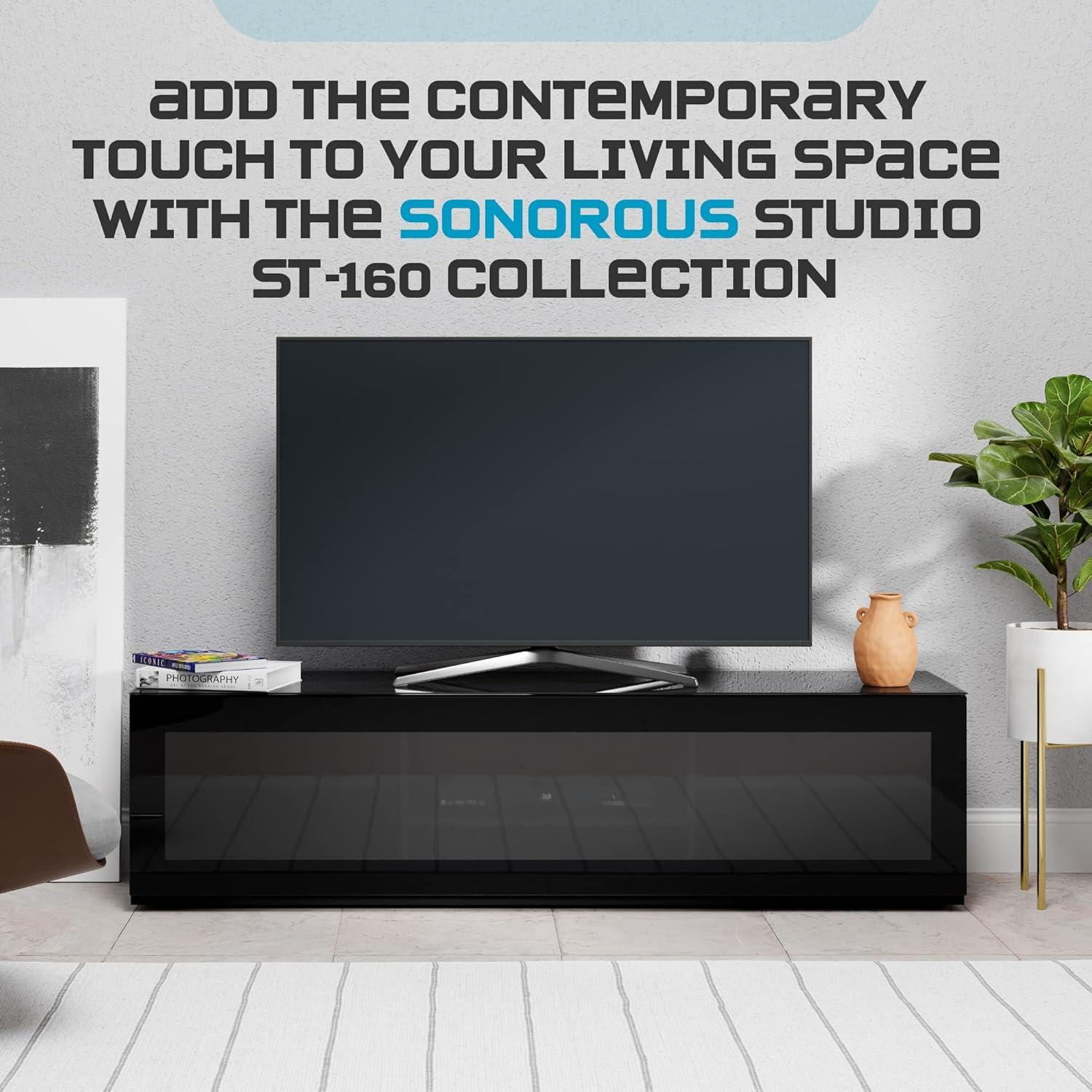 SONOROUS Studio ST-160B I/R Friendly Wood and Glass TV Stand with Hidden Wheels for Sizes up to 75" (Modern Design with 6 Shelves for Your Audio/Video Components and Consoles) - Black Glass Cover