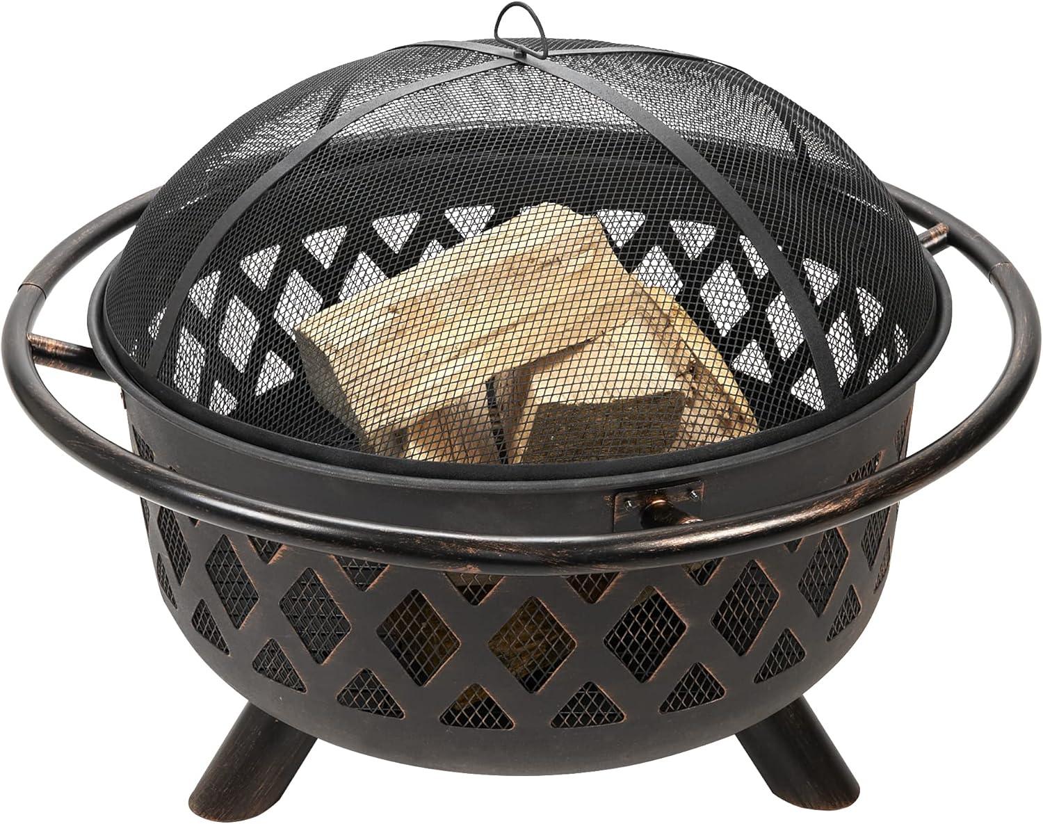 Endless Summer Round Wood Burning Outdoor Fire Pit with Lattice Design Brown: Deep Bowl, Mesh Spark Guard, Portable