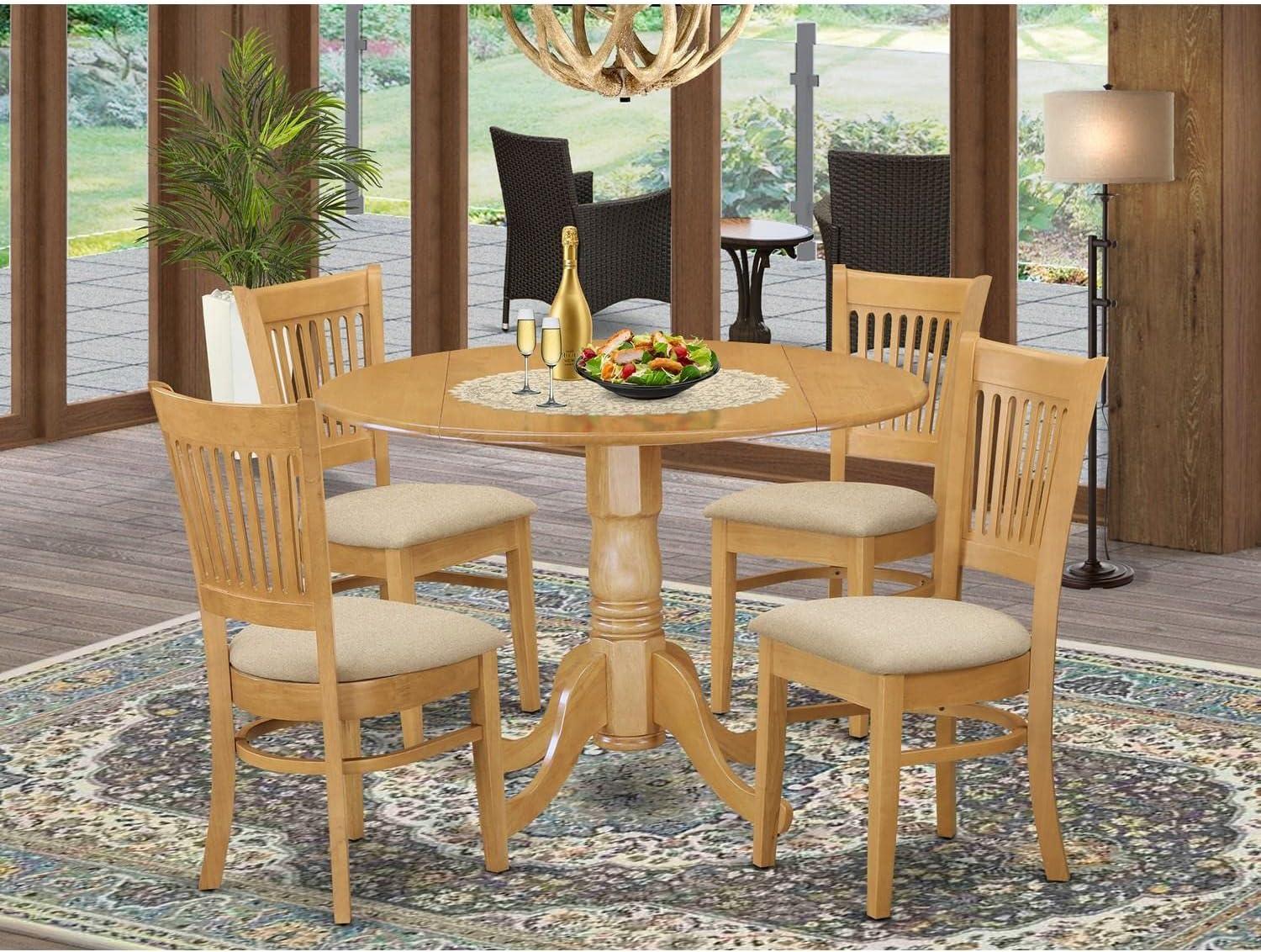 Oak Finish Round Pedestal Dining Table Set with 4 Chairs