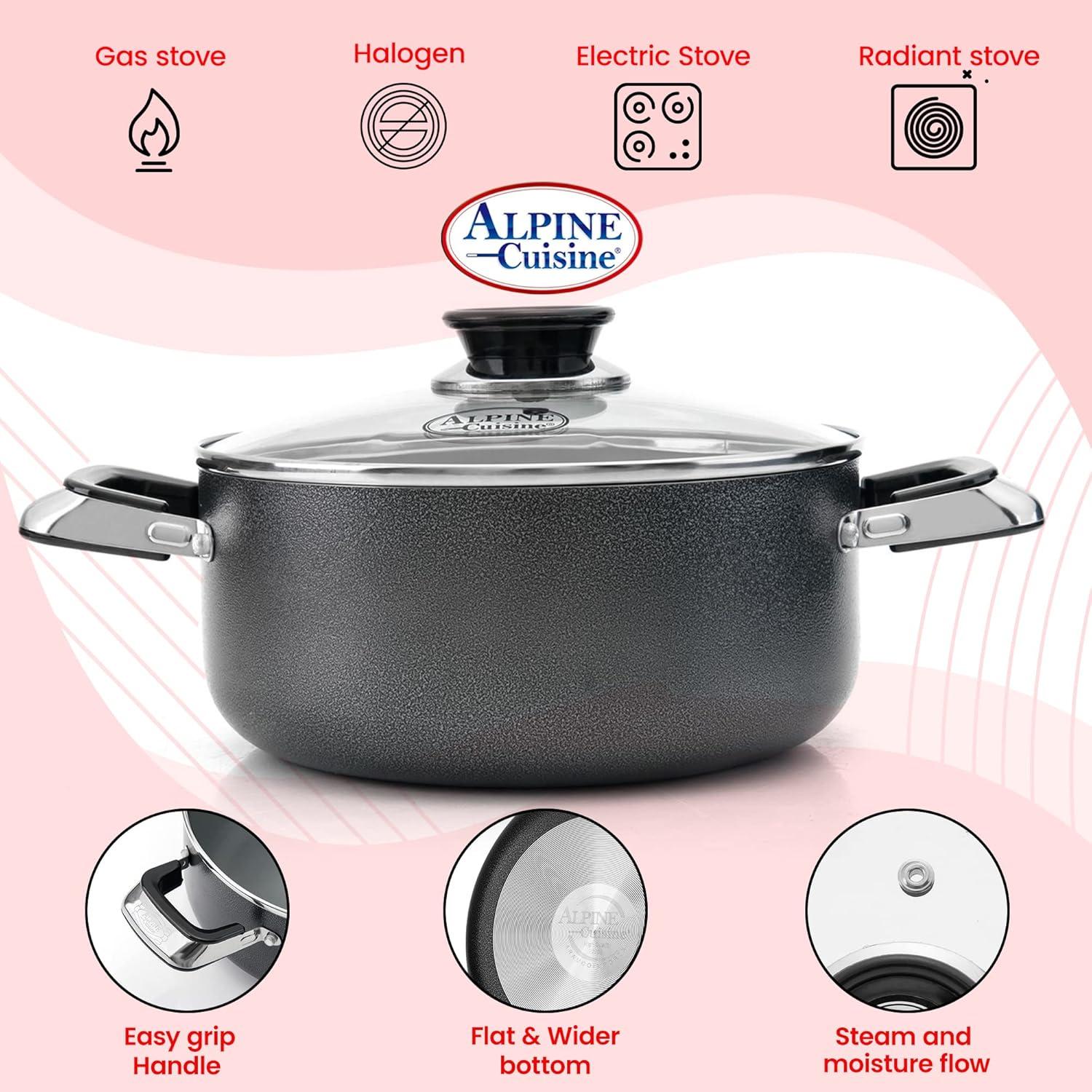 Alpine Cuisine Aluminum Non-Stick Dutch Oven Pot with Glass Lid, 16 Quart, Gray