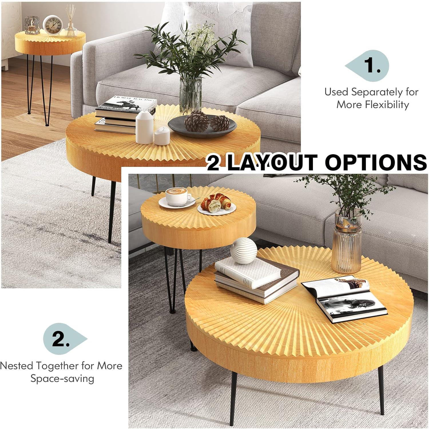 Round Natural Wood Farmhouse Nesting Coffee Table Set