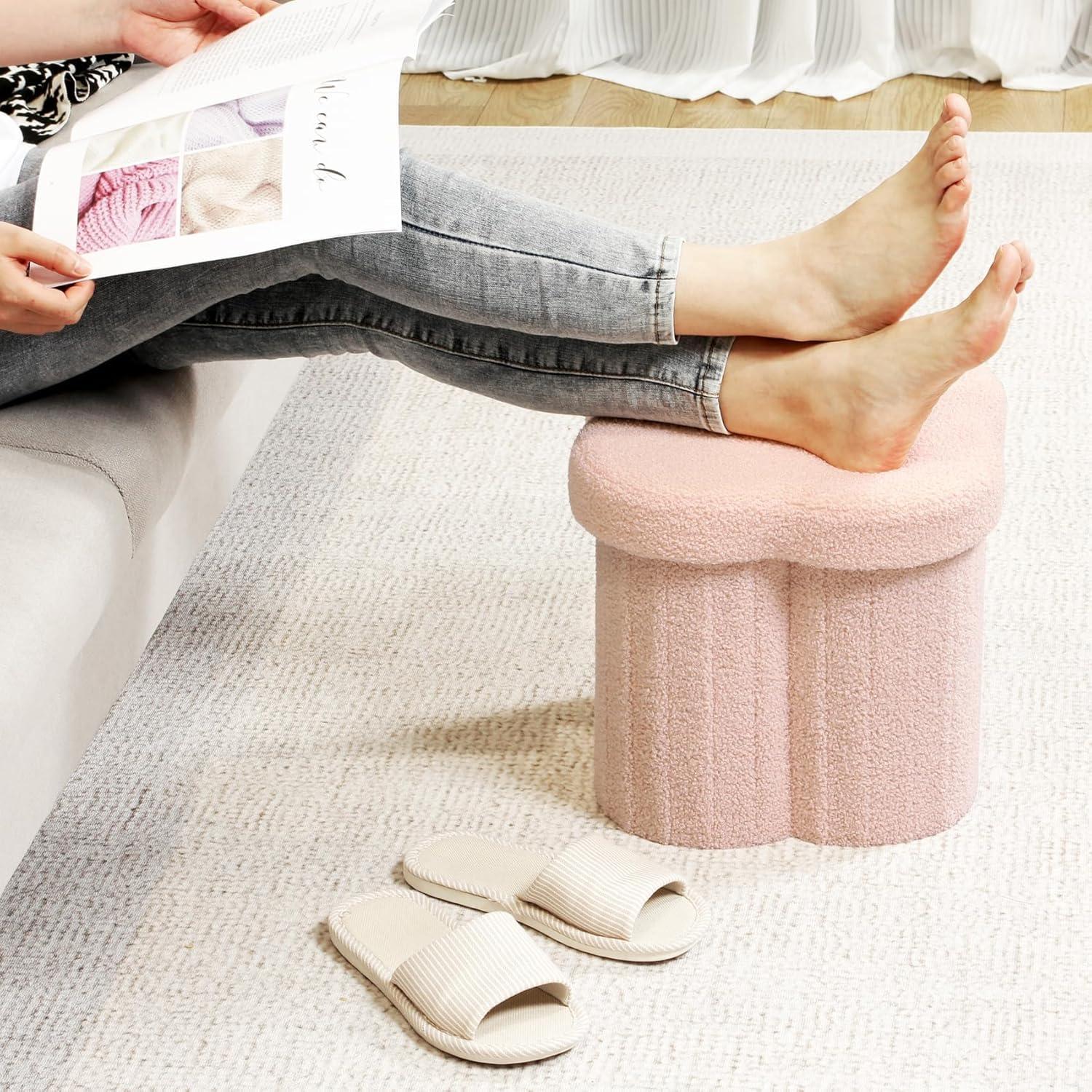 PINPLUS 12.6" Storage Ottoman,Toy Chest Box，Folding Footrest Stool Seat,Flower Shape,Sherpa Fabric,Pink