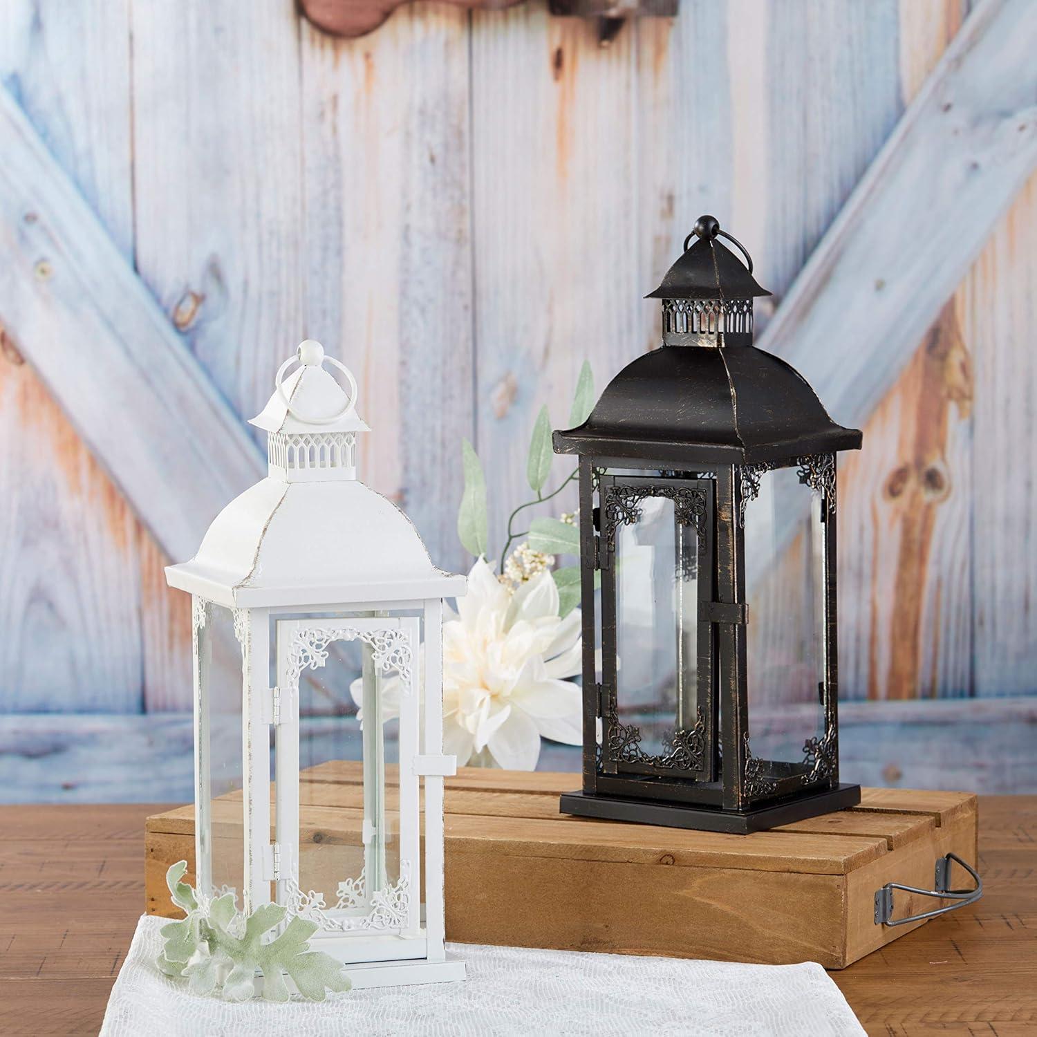 Vintage Rustic White Metal Candle Lantern - 14" Height