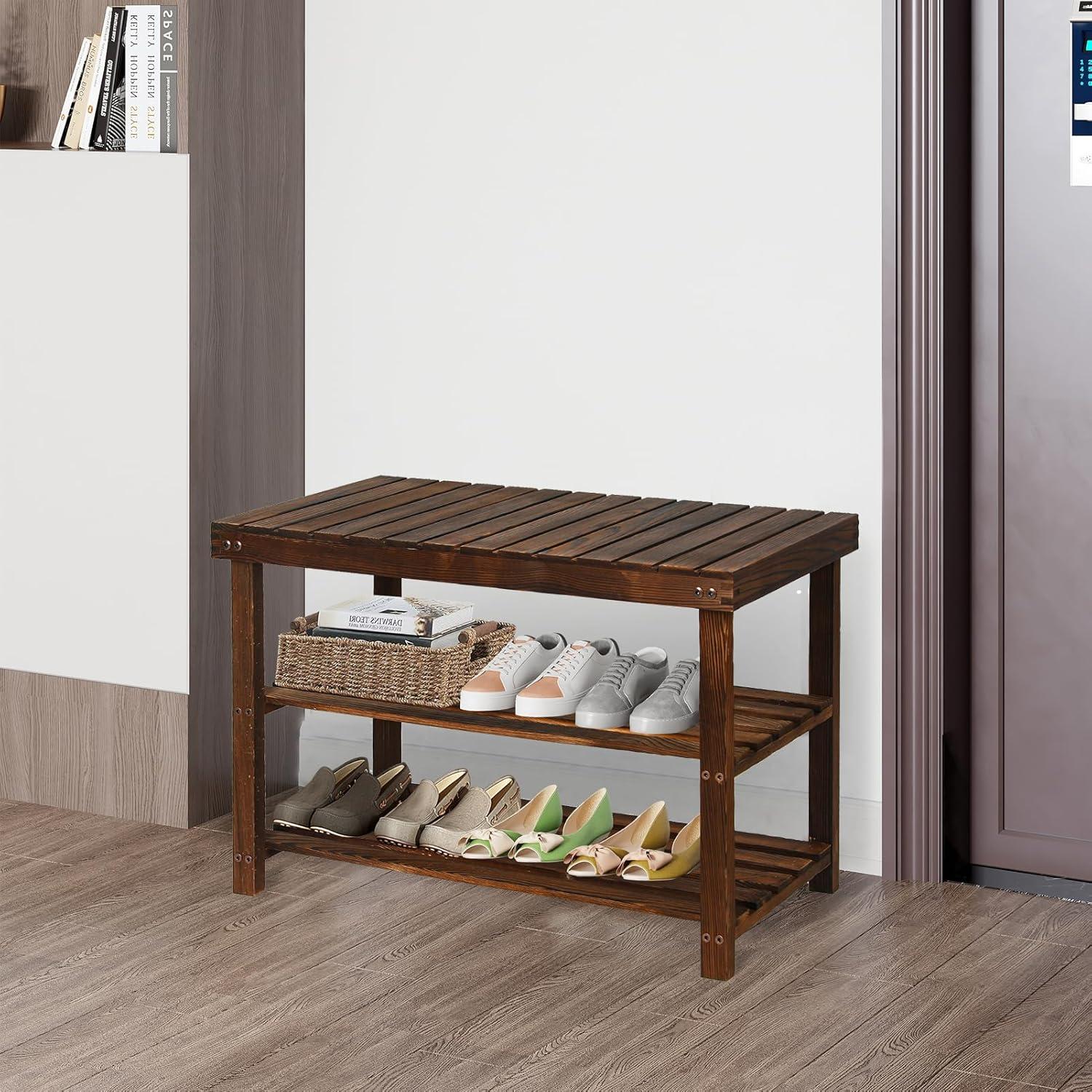 Brown Pine 3-Tier Shoe Rack Bench with Storage