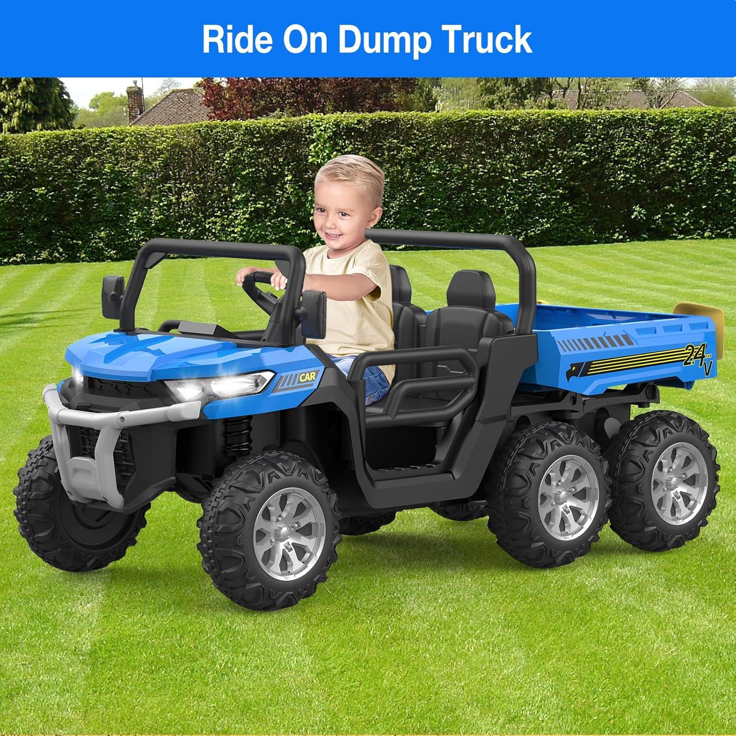 Hetoy 24V Ride on Toys, 2 Seater 6-Wheel UTV Car, 4WD Ride on Dump Truck for Big Kids with Trailer Remote Control, Blue