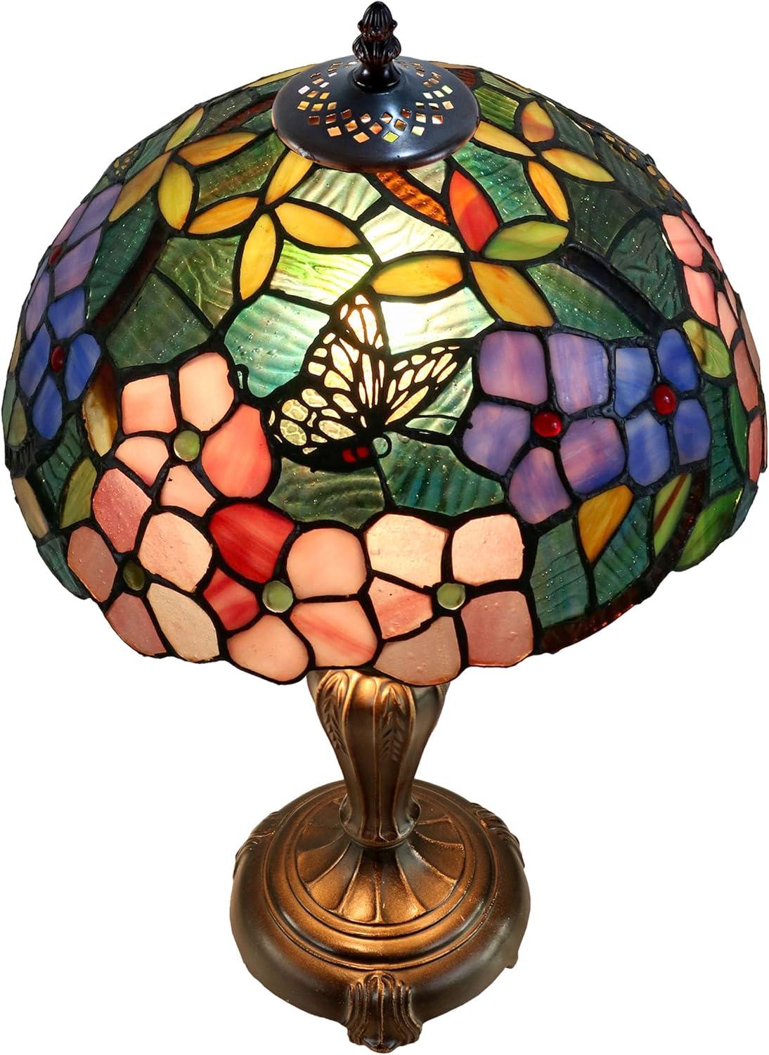 BY Family Handmade Fox Peony Tiffany Table Lamp With Antique Bronze Base And Floral Dome Shade