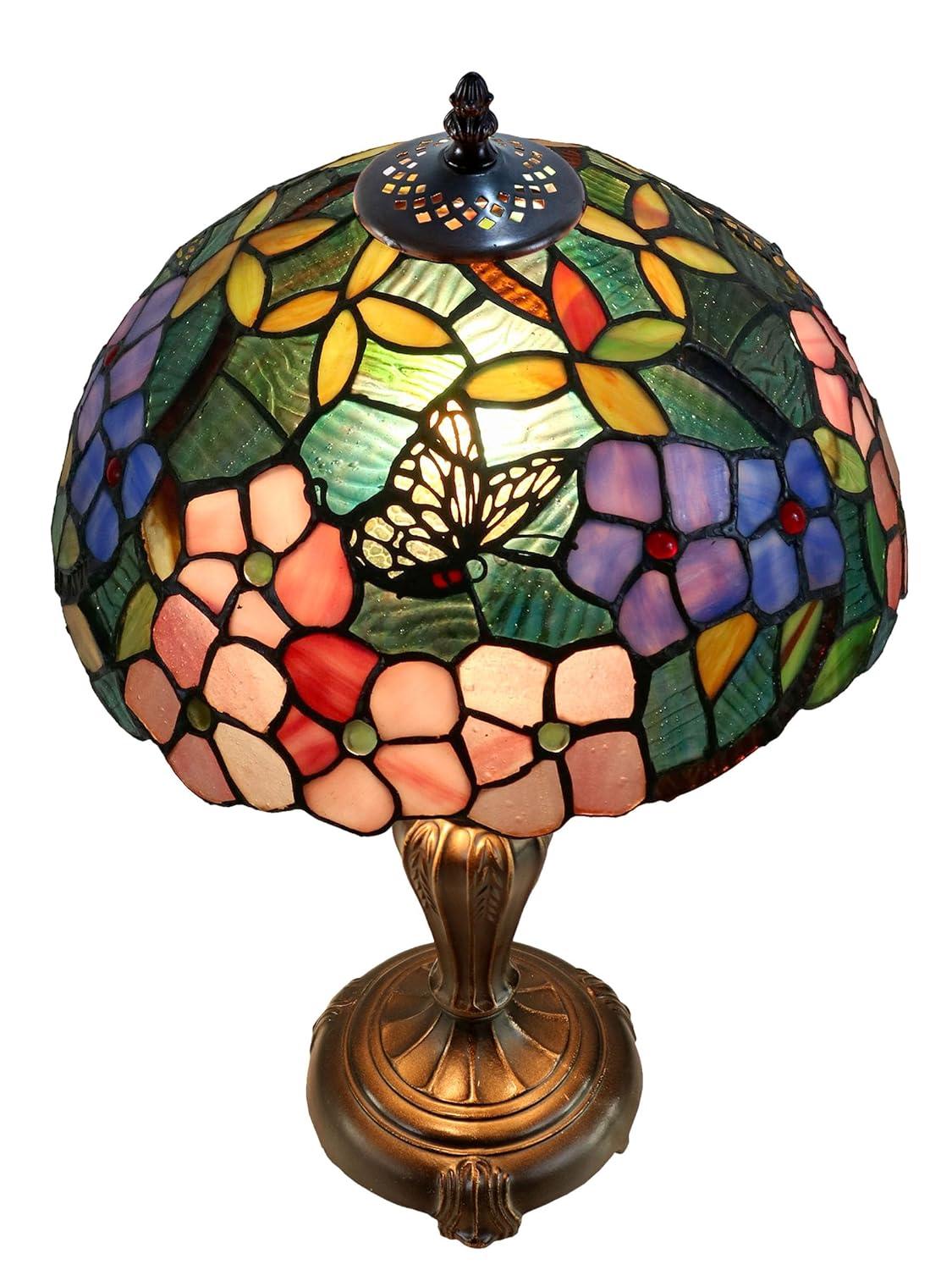 BY Family Handmade Fox Peony Tiffany Table Lamp With Antique Bronze Base And Floral Dome Shade