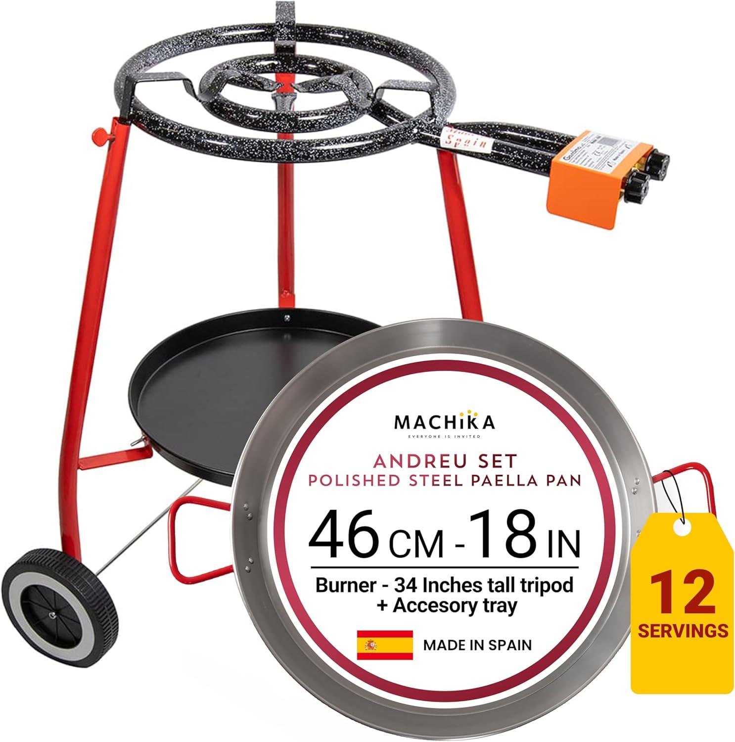 Machika Paella Pan Set with Burner Carbon Steel Outdoor Pan and Legs Manufactured by Garcima (Andreu I 12 Servings)