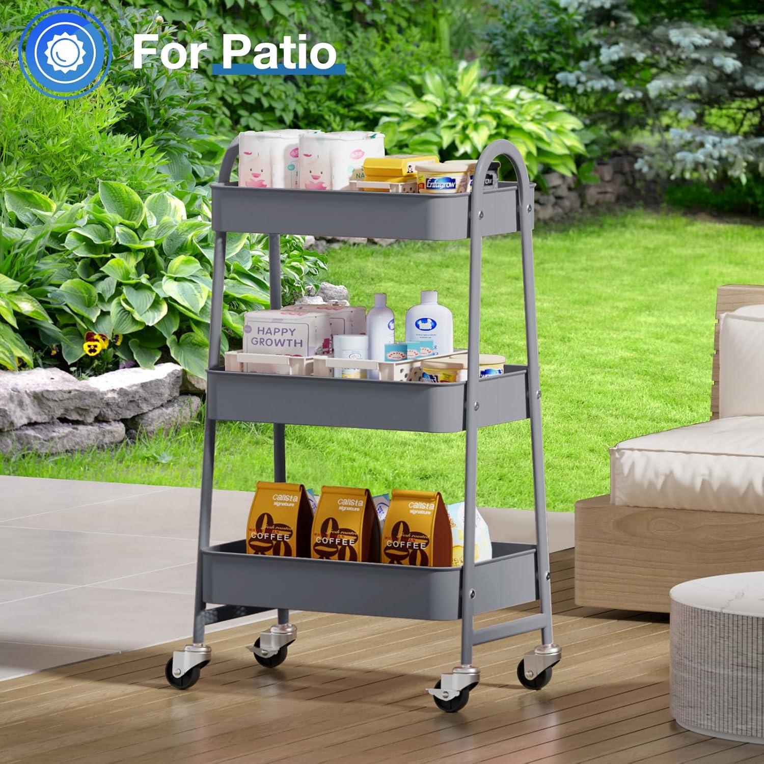 Green Metal 3-Tier Rolling Utility Cart with Lockable Wheels