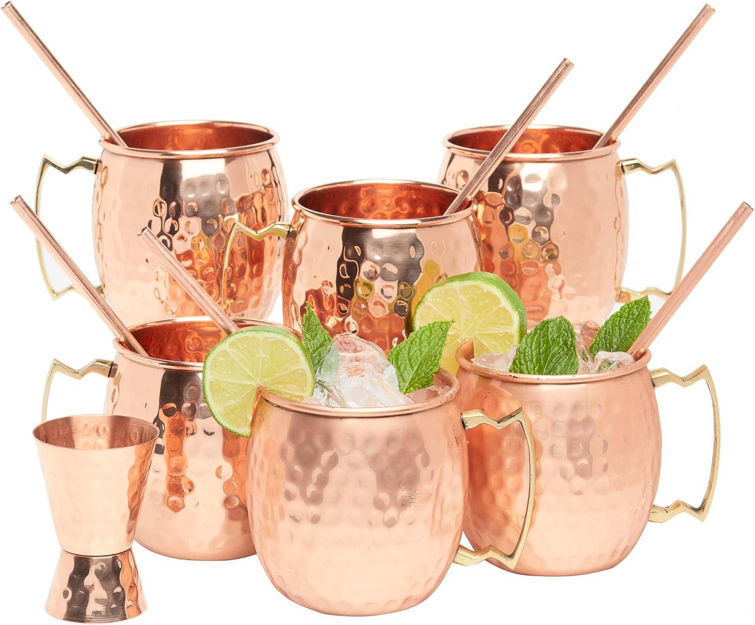 Kitchen Science Moscow Mule Copper Mugs 16 Ounce Set of 6 mugs with 6 Straws and Jigger Set, with amazing Ayurvedic benefits, Perfect Gift Set for your Friends and Family