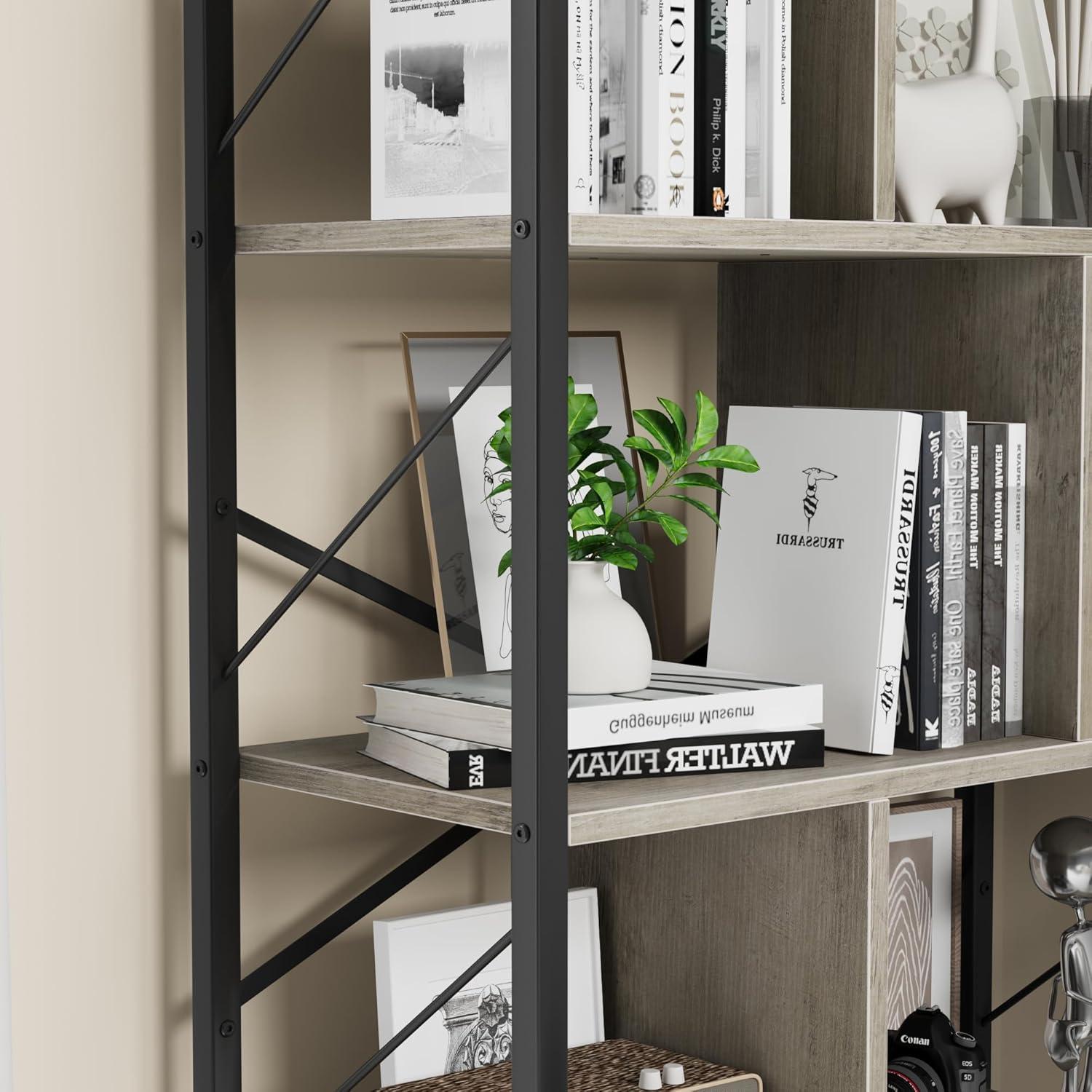 Gray Adjustable 5-Tier Industrial Bookshelf with Metal Frame