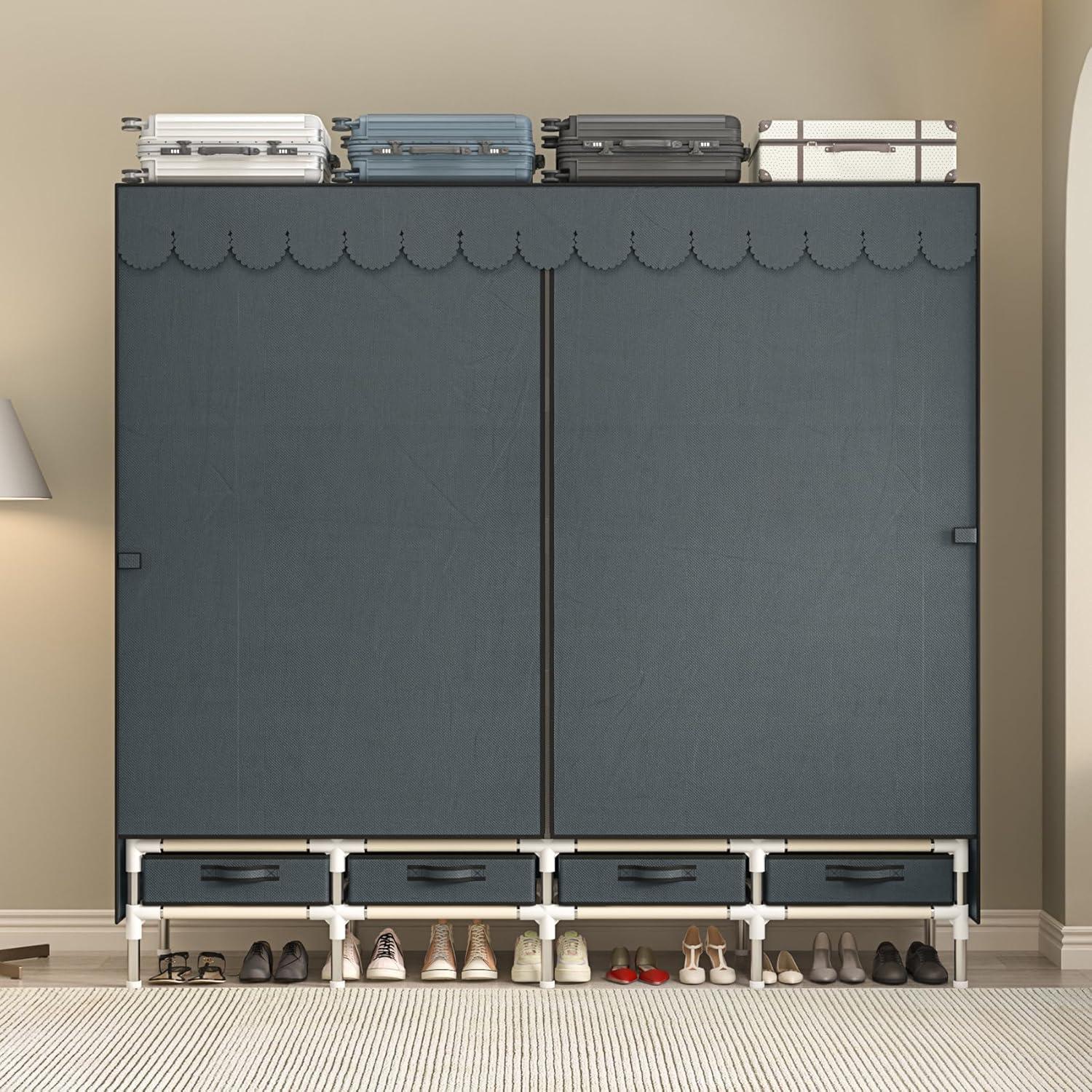 Large Portable Wardrobe with 4 Hanging Rods and Drawers, Armoire, Metal Storage Wardrobe Hangers, Upgraded Grey Non-Woven Dust Cover for Handing Closet,Large Closets for Bedroom