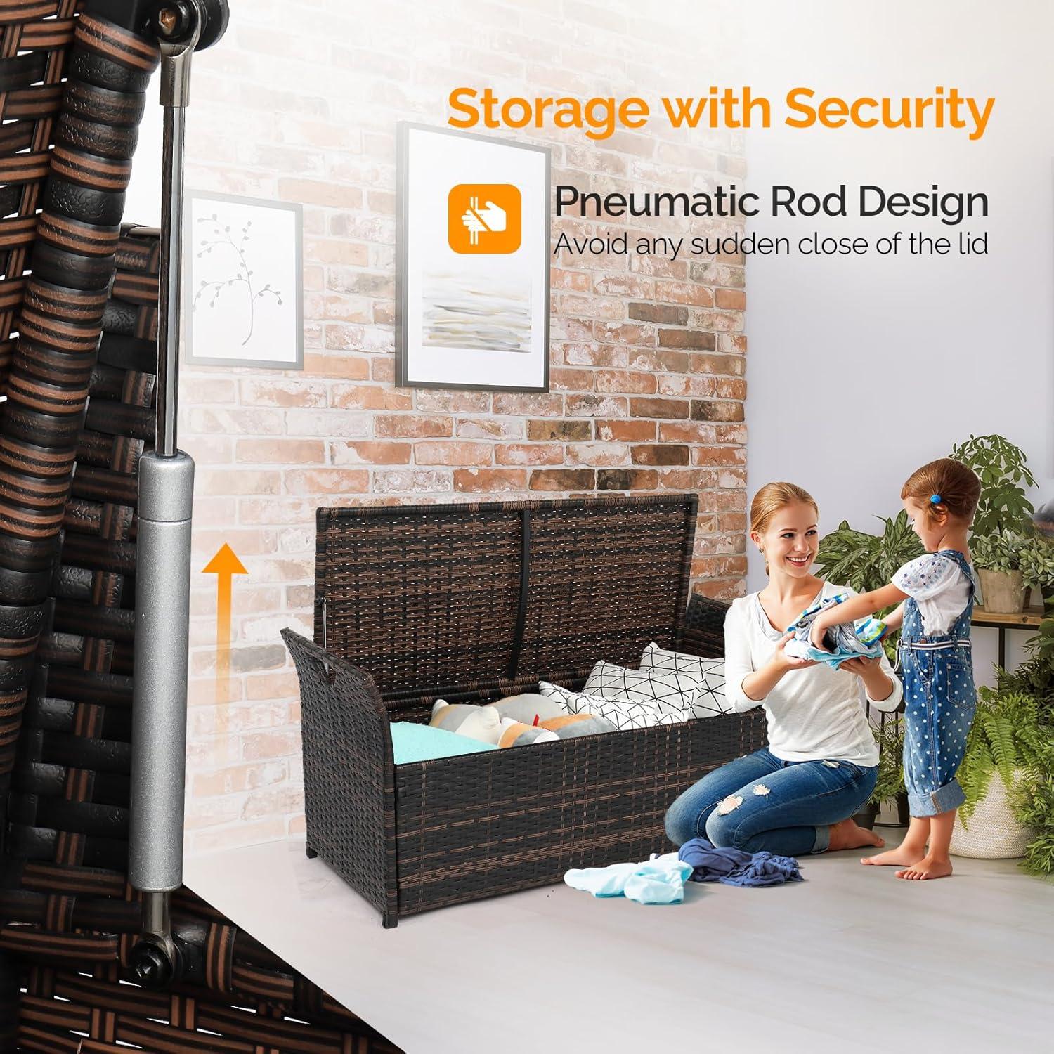 VINGLI 40 Gallon Wicker Storage Bench, Patio Cushion Storage Box Designed with Side Handles, Rattan Deck Box for Garden Tools, Cushions, Outdoor Patio Deck Box for Garden, Poolside, Brown