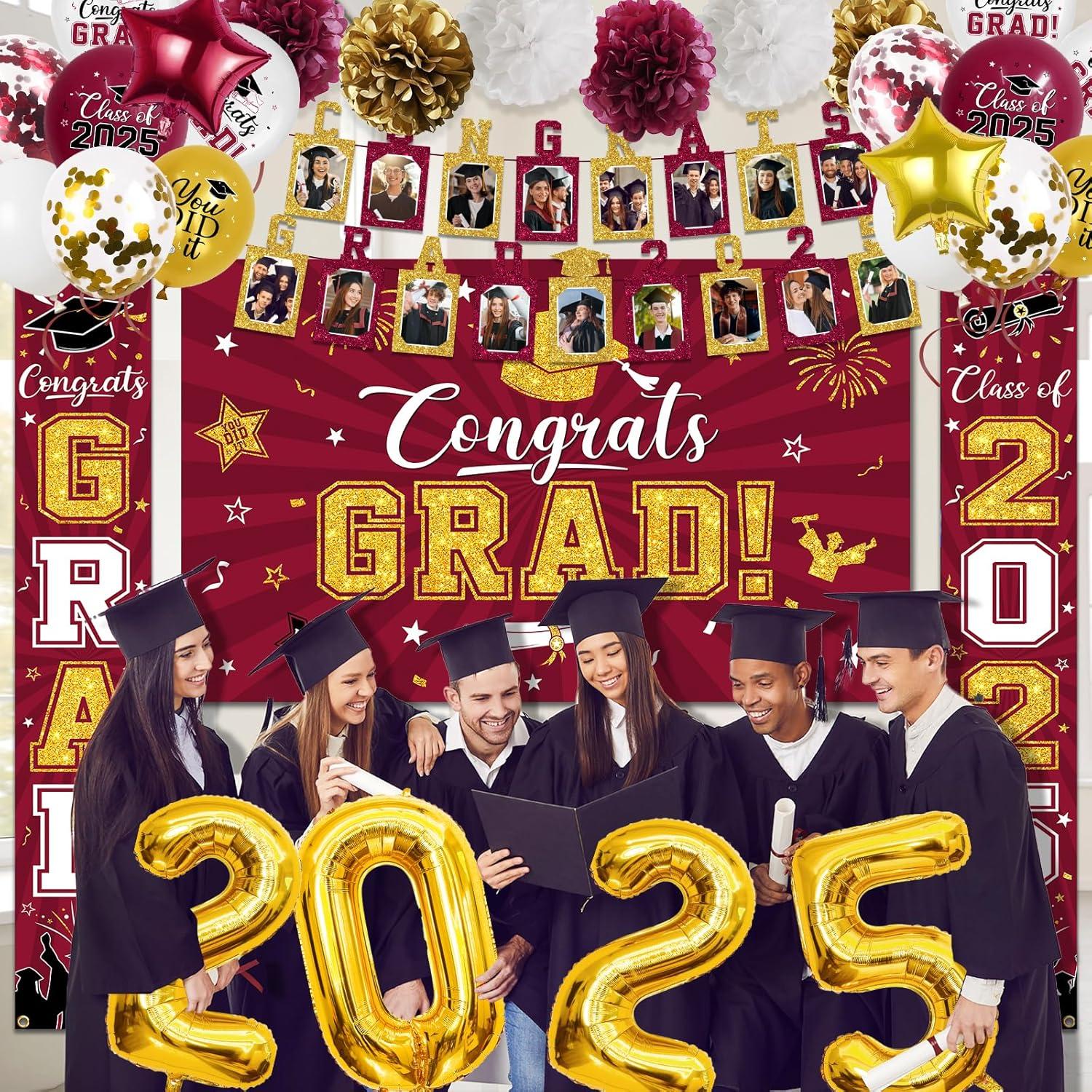2025 Graduation Party Decoration, Red Gold Themed Set with Congrats Grad Banner, Balloons, Foil Number 2025 for Class of 2025 Graduation Party Supplies
