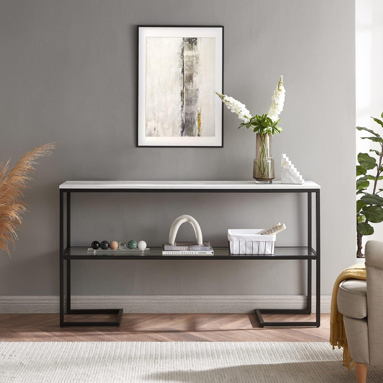 Evelyn&Zoe Errol 55" Wide Rectangular Console Table with Faux Marble Top, Blackened Bronze