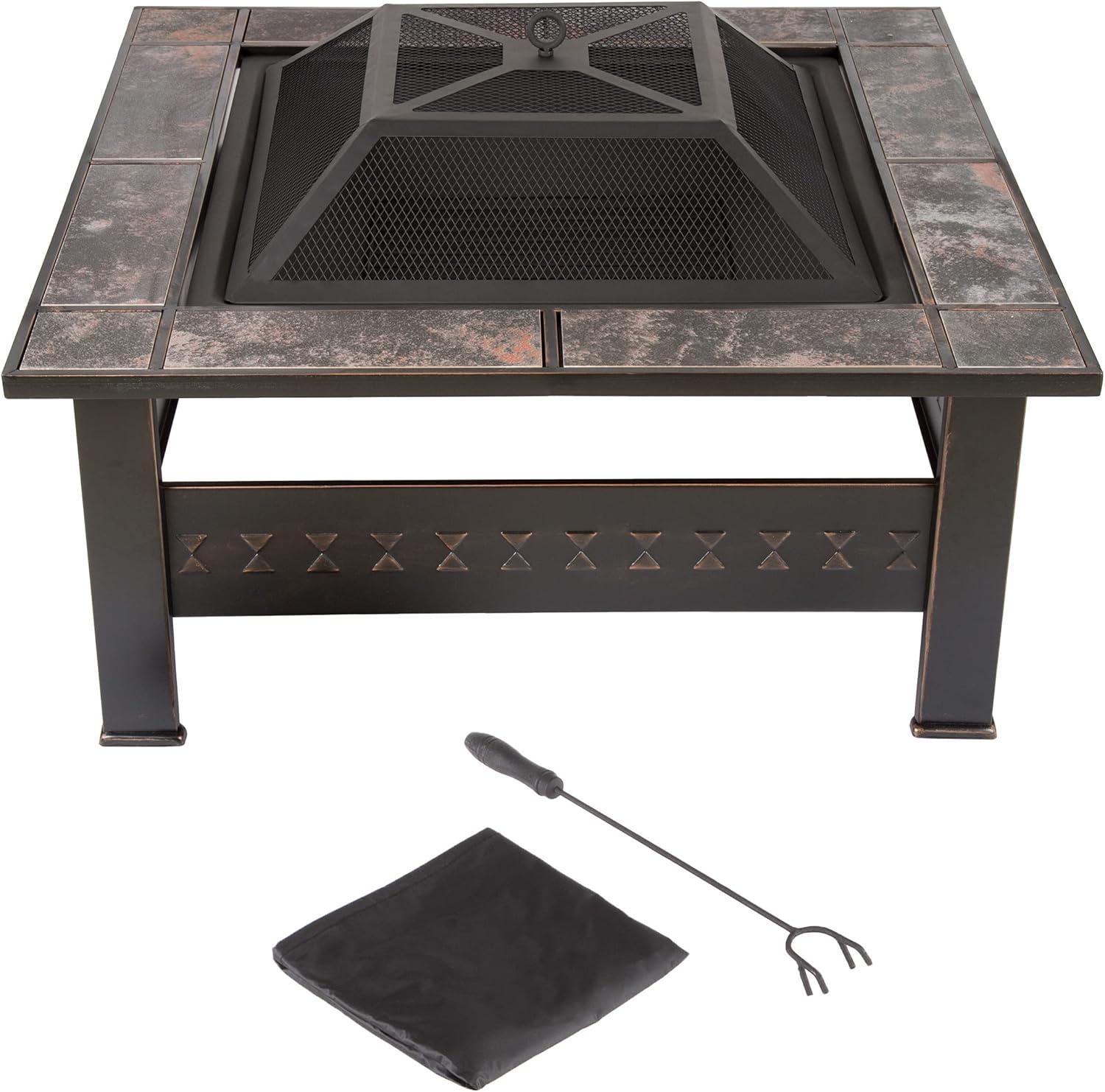 Pure Garden 32-Inch Outdoor Steel Fire Pit with Screen, Cover, and Poker (Bronze)