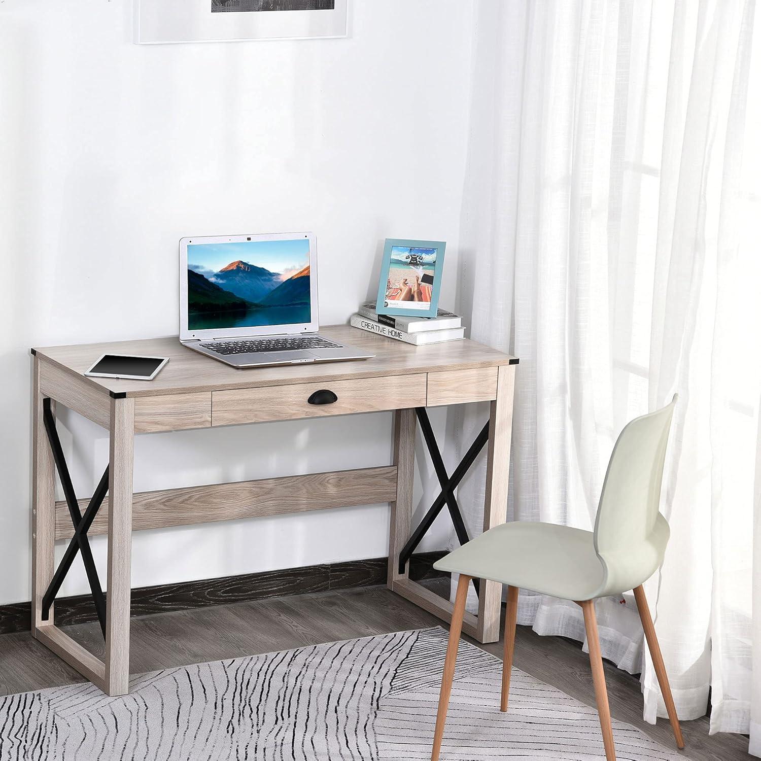 HOMCOM Home Office Computer Desk, Rustic Writing Desk, Farmhouse Workstation with Storage Drawer, X-Frame