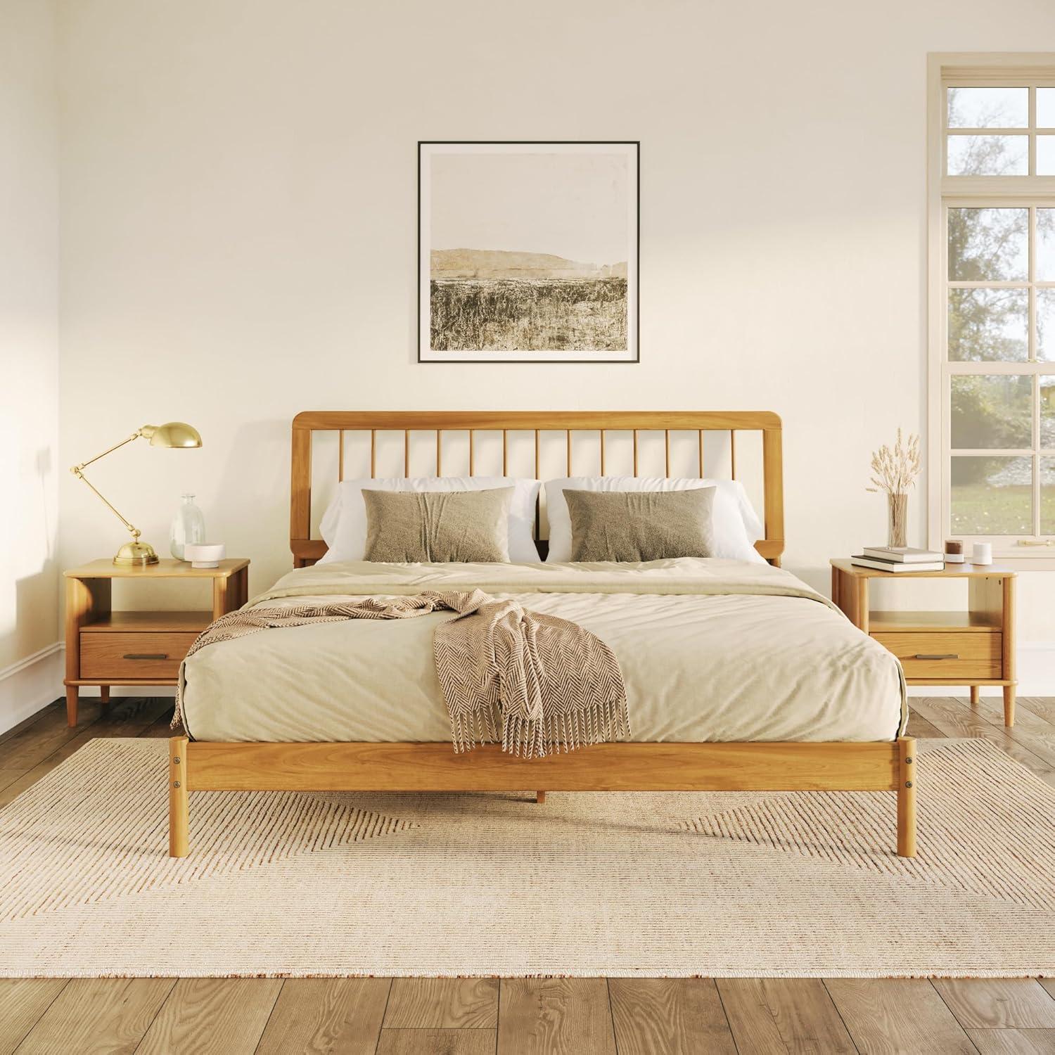 Walker Edison Mid-Century Modern Slatted Solid Wood King Bedframe, Caramel