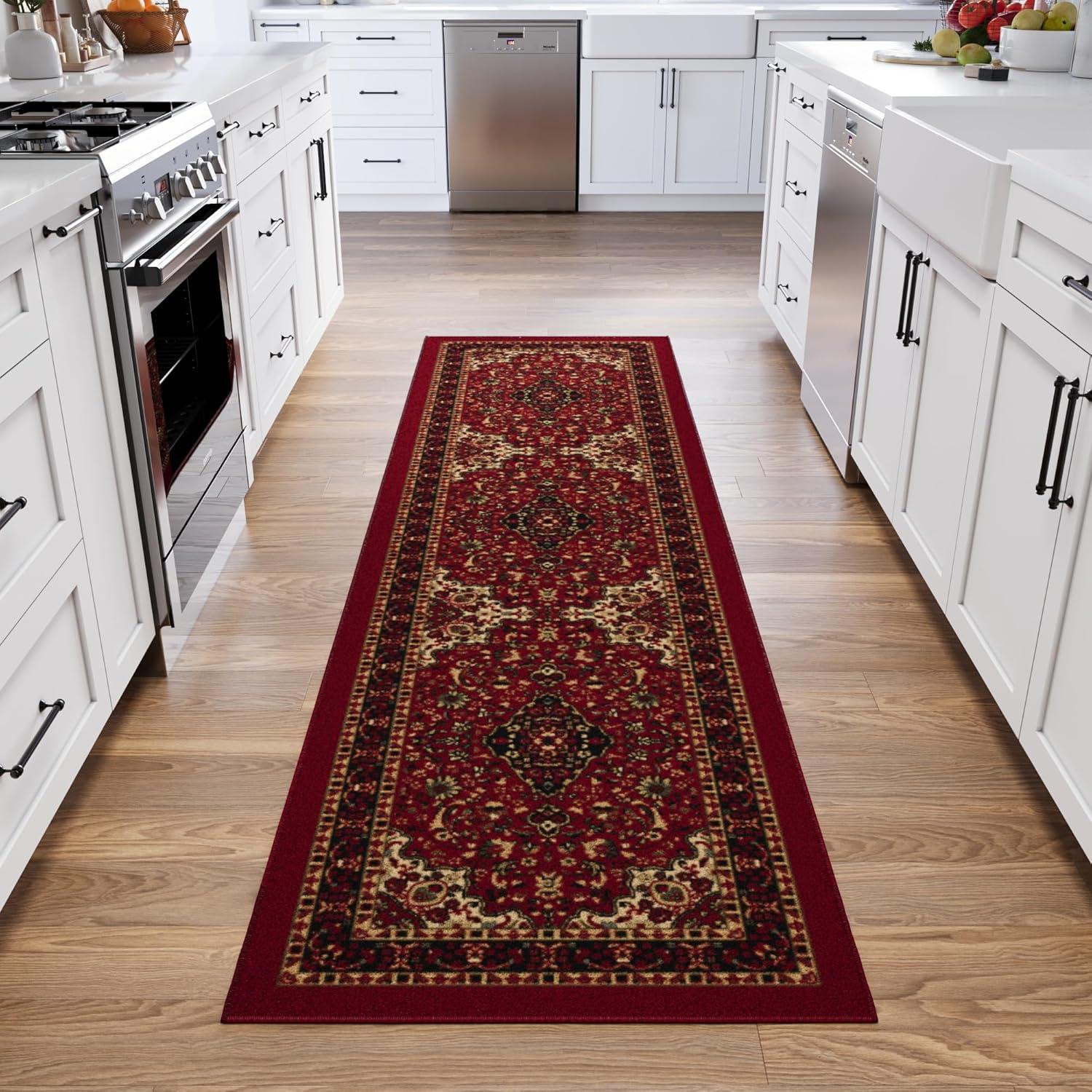 Ottohome Non-Slip Medallion Oriental Area Rug For Living Room, Hallway, Entryway Rug, Dark Red