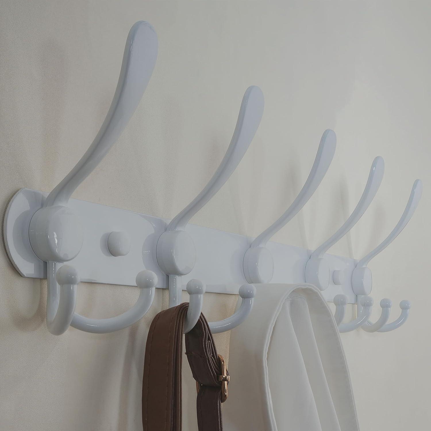 Dseap Coat Rack Wall Mount - 38” Long 10-Tri-Hooks Heavy Duty Coat Hanger Rail Wall Hooks for Hanging Coats Hats Clothing Clothes Purse Mudroom Entryway, White