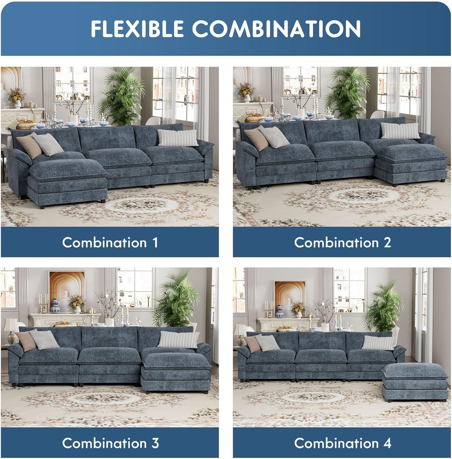 Blue Chenille Fabric L-Shaped Sectional Sofa with Ottoman