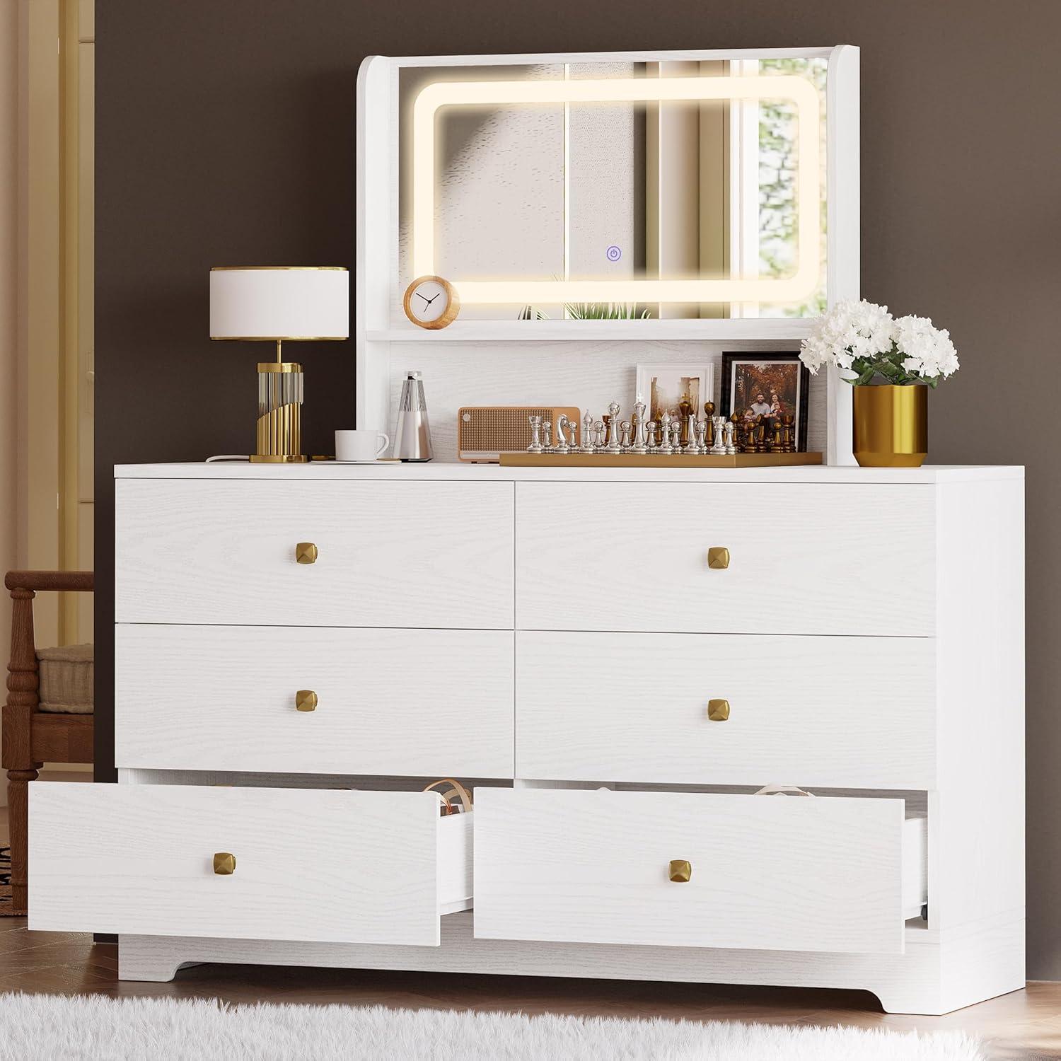 White MDF Double Dresser with Mirror and Soft Close Drawers