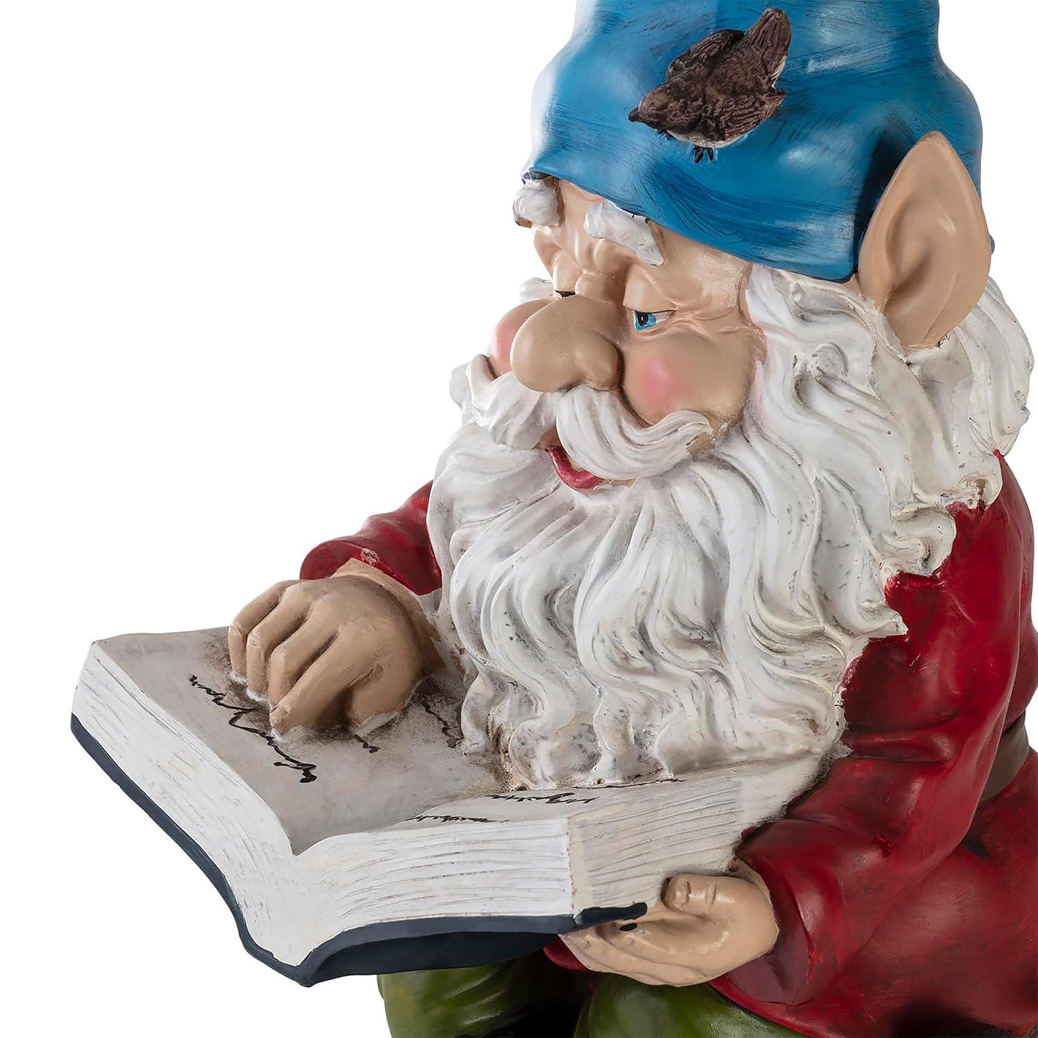 Alpine Corporation 14" Tall Outdoor Garden Gnome Reading a Book Yard Statue Decoration