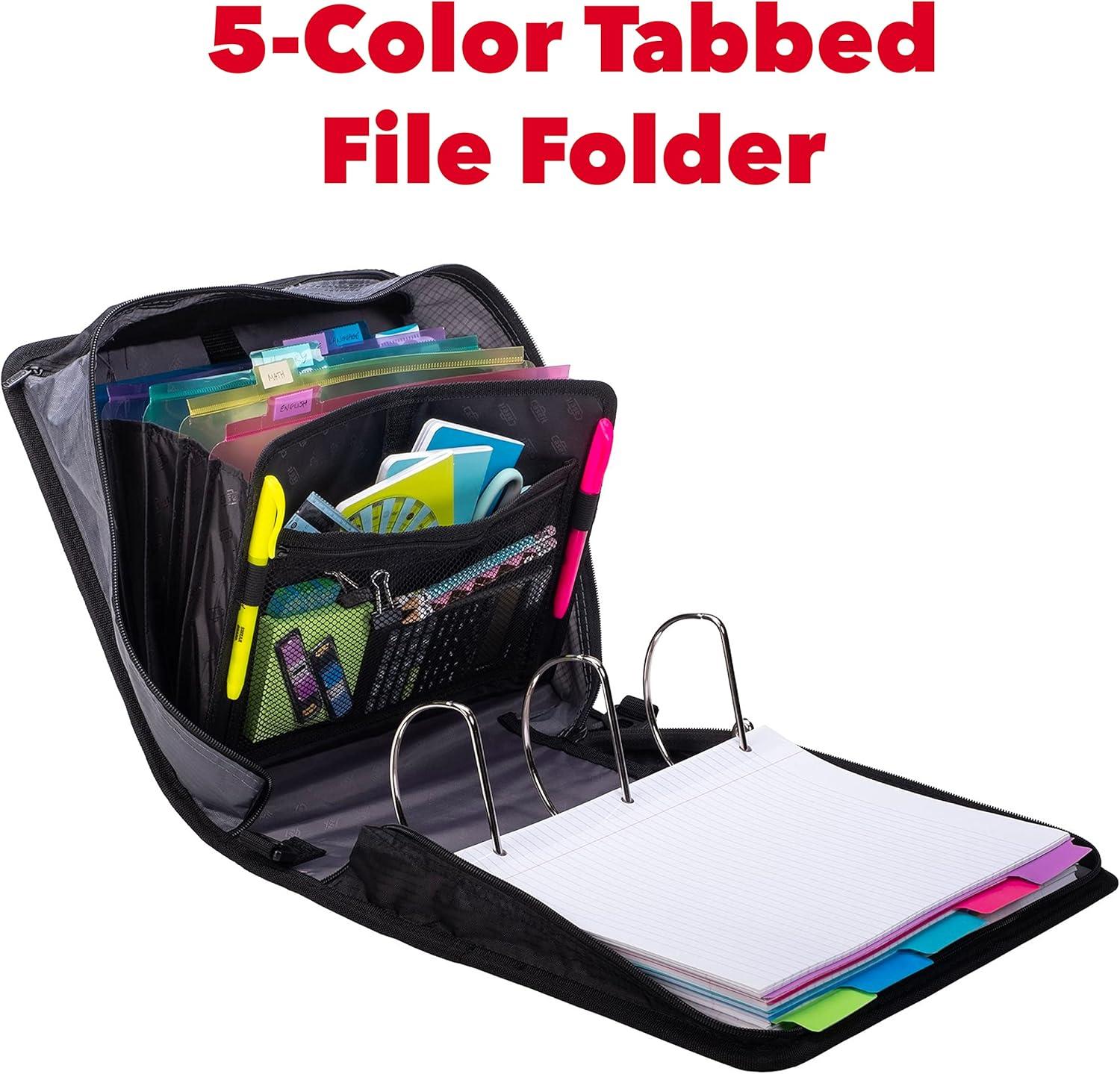 Case-it The King Sized Zip Tab Zipper Binder - 4 Inch D-Rings - 5 Subject File Folder - Multiple Pockets - 800 Sheet Capacity - Jet Black