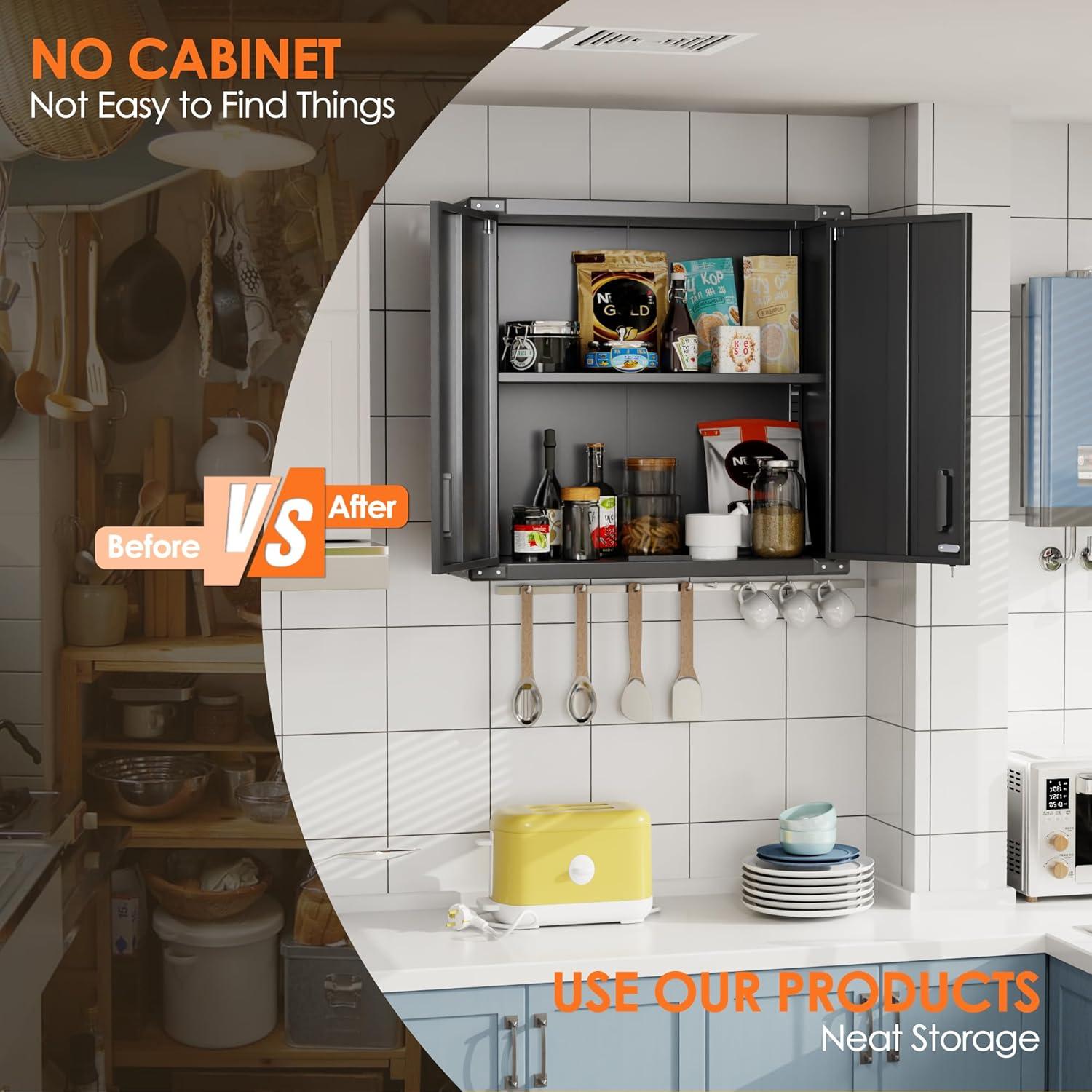 AOBABO Metal Garage Wall Mounted Storage Cabinet with Locking Door, Shelf, and Opened Drawer for Warehouse and Office Organization, Black