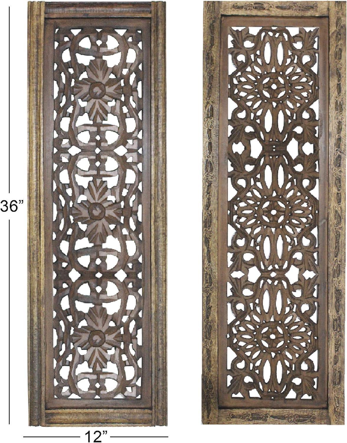 Rustic Brown Hand Carved Wooden Wall Panels, Set of Two