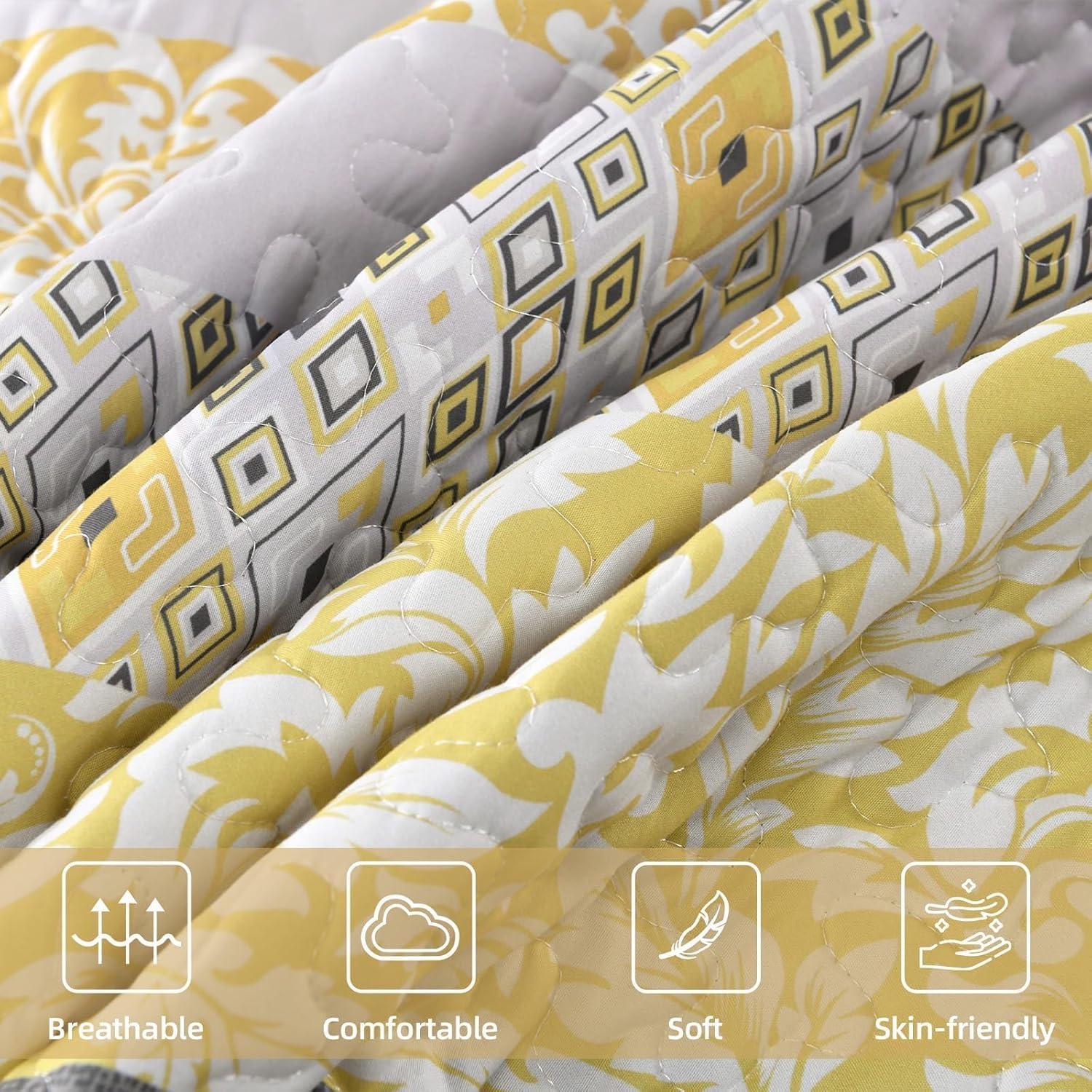 JML 3 Piece Quilt Set King Size,Lightweight Microfiber Bedspread Coverlet,Grey & Yellow Floral