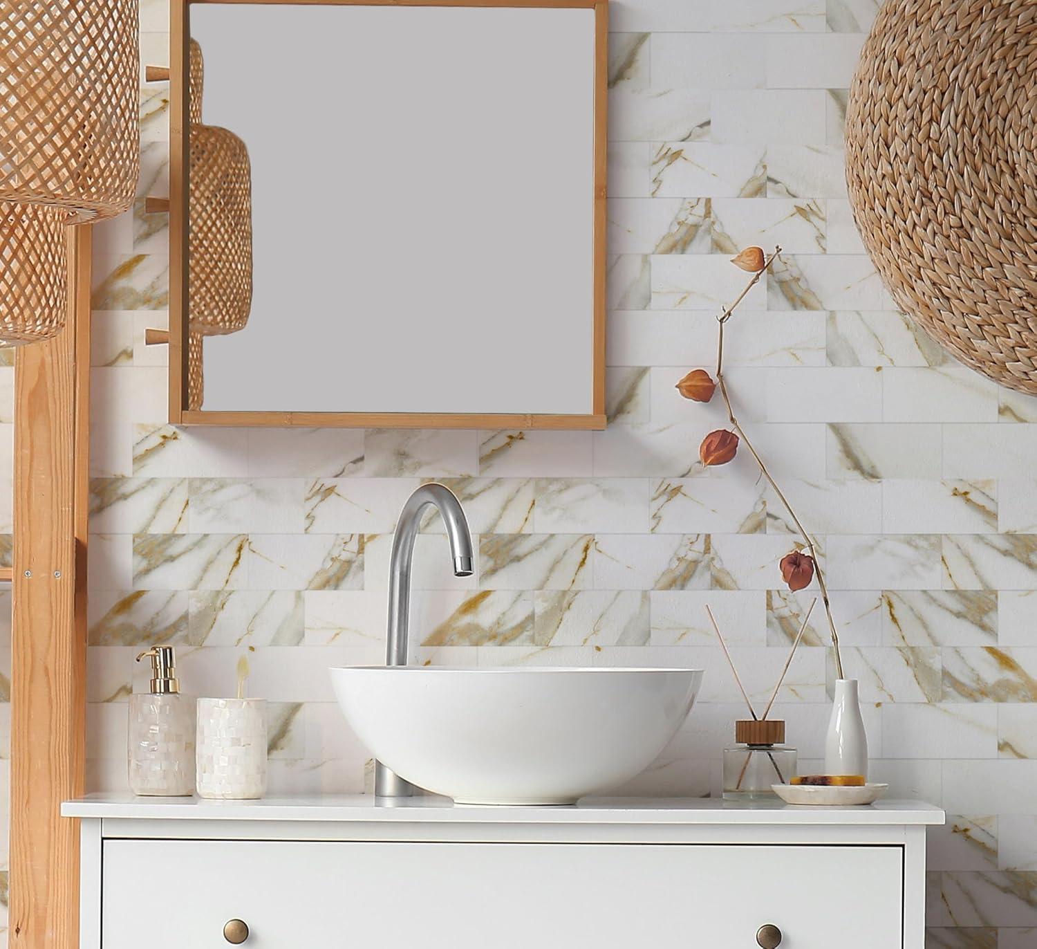 10-Pack Peel and Stick Tile Backsplash 12"X12" PVC Wall Tiles, Stick on Backsplash for Kitchen, Bathroom Tile, Fireplace Décor, Laundry Table, Stair Decals in Cala Golden