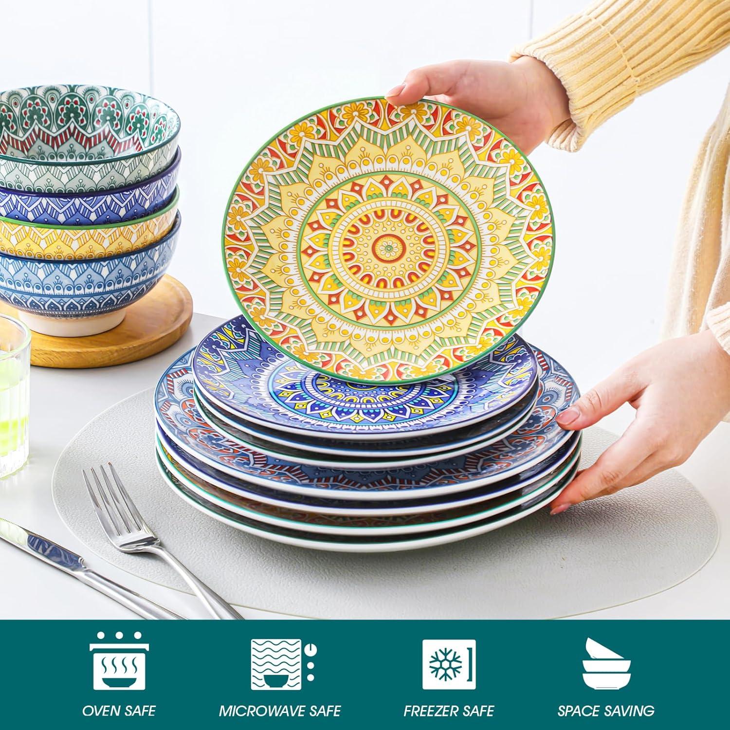 vancasso Mandala 12 Pieces Dinnerware Sets, Porcelain Dinner Set for 4, Boho Plates and Bowls Set, Colorful Dish Sets