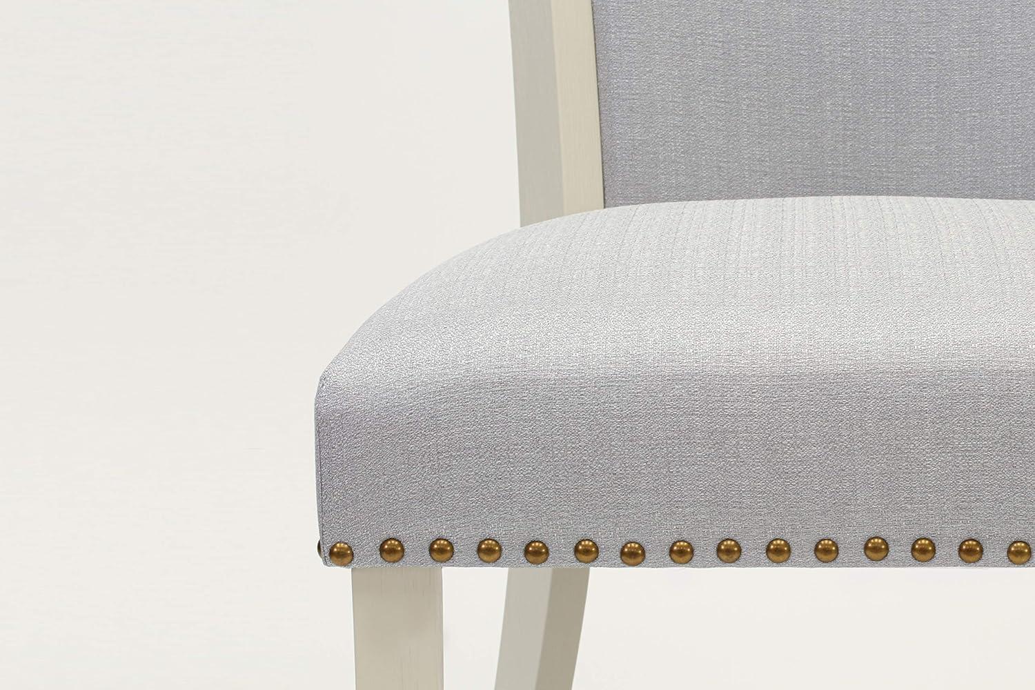 Verona Linen White Wood Frame Upholstered Chair with Gray Linen Fabric Seat with Nail Head & Stylish Back - Set of 2