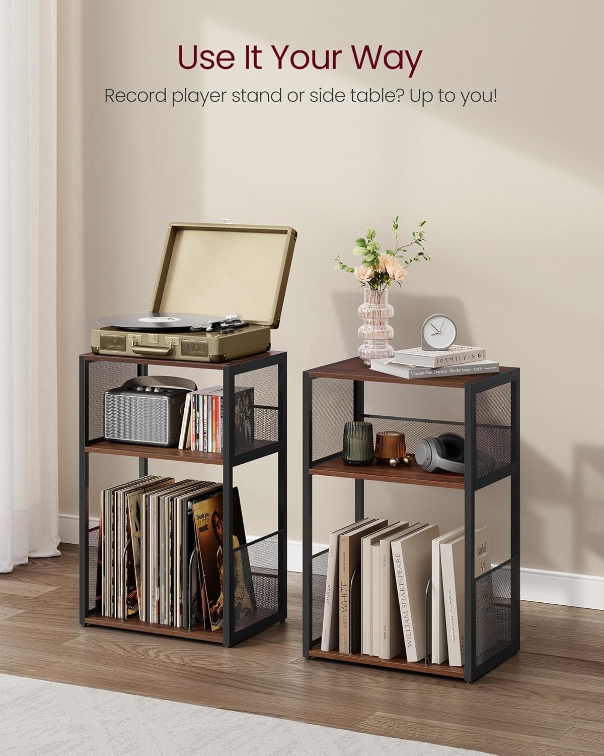 VASAGLE Record Player Stand, 3-Tier Side Table, Vinyl Record Storage up to 100 Albums, End Table for Living Room, Bedroom, Rustic Brown ULET275K01