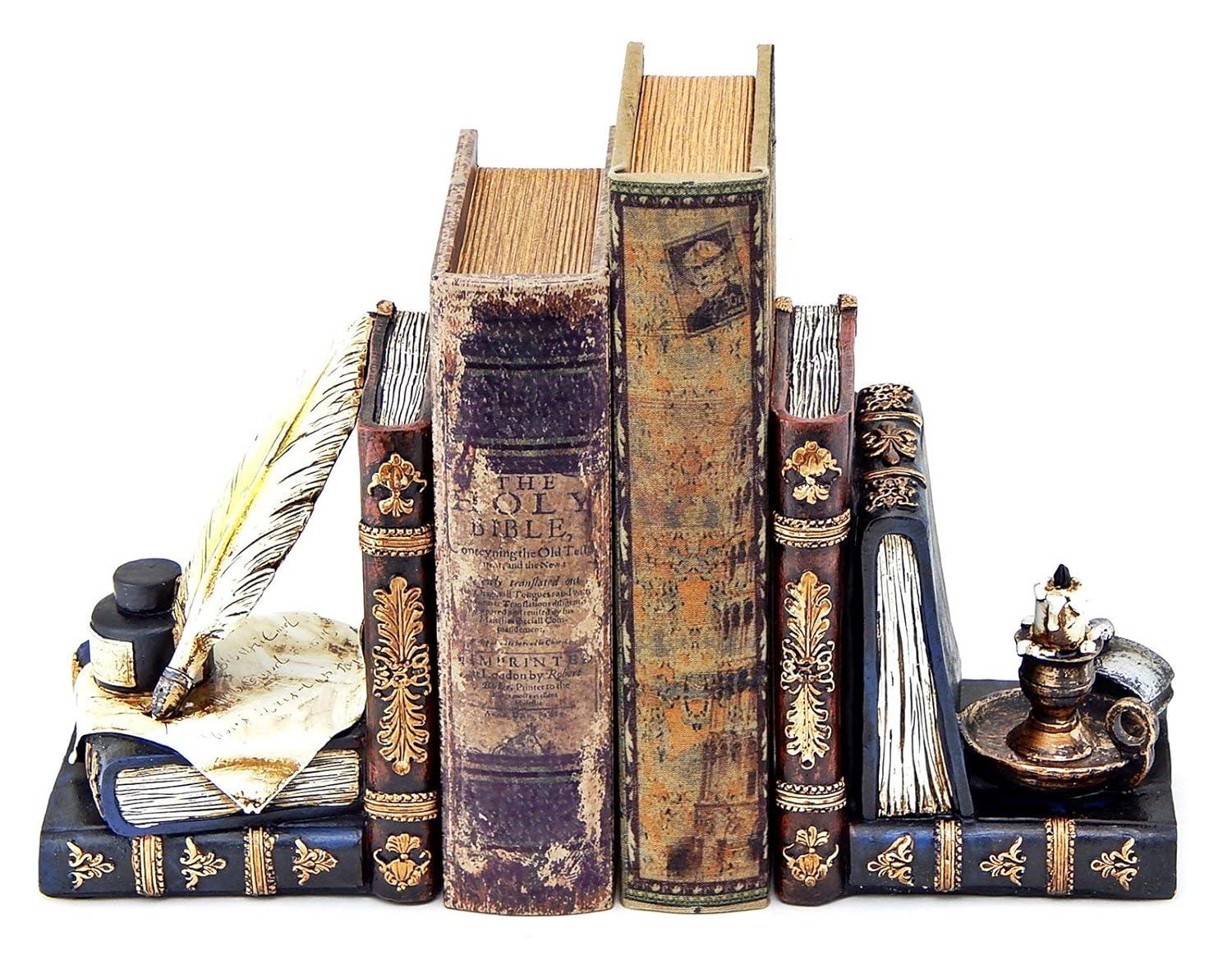 Bellaa 26324 Vintage Bookends Wizard Feather Quill Pen and Ink Bottle with Oil Lamp Antique Style Farmhouse Cottage Lodge Magic Home Decor