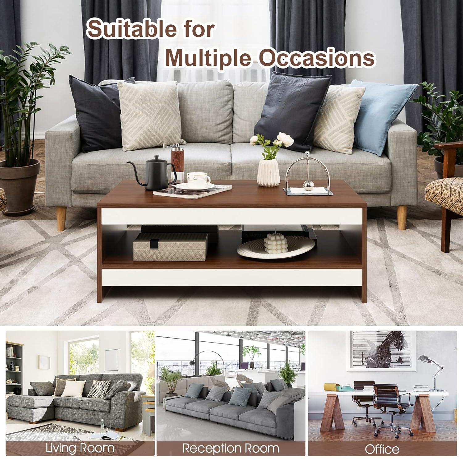 Tangkula Modern Coffee Table for Living Room, 2-Tier Rectangle Coffee Table with 37" Large Tabletop and Open Shelf, Wood Central Tea Table, Cocktail Table for Reception Office (Brown)