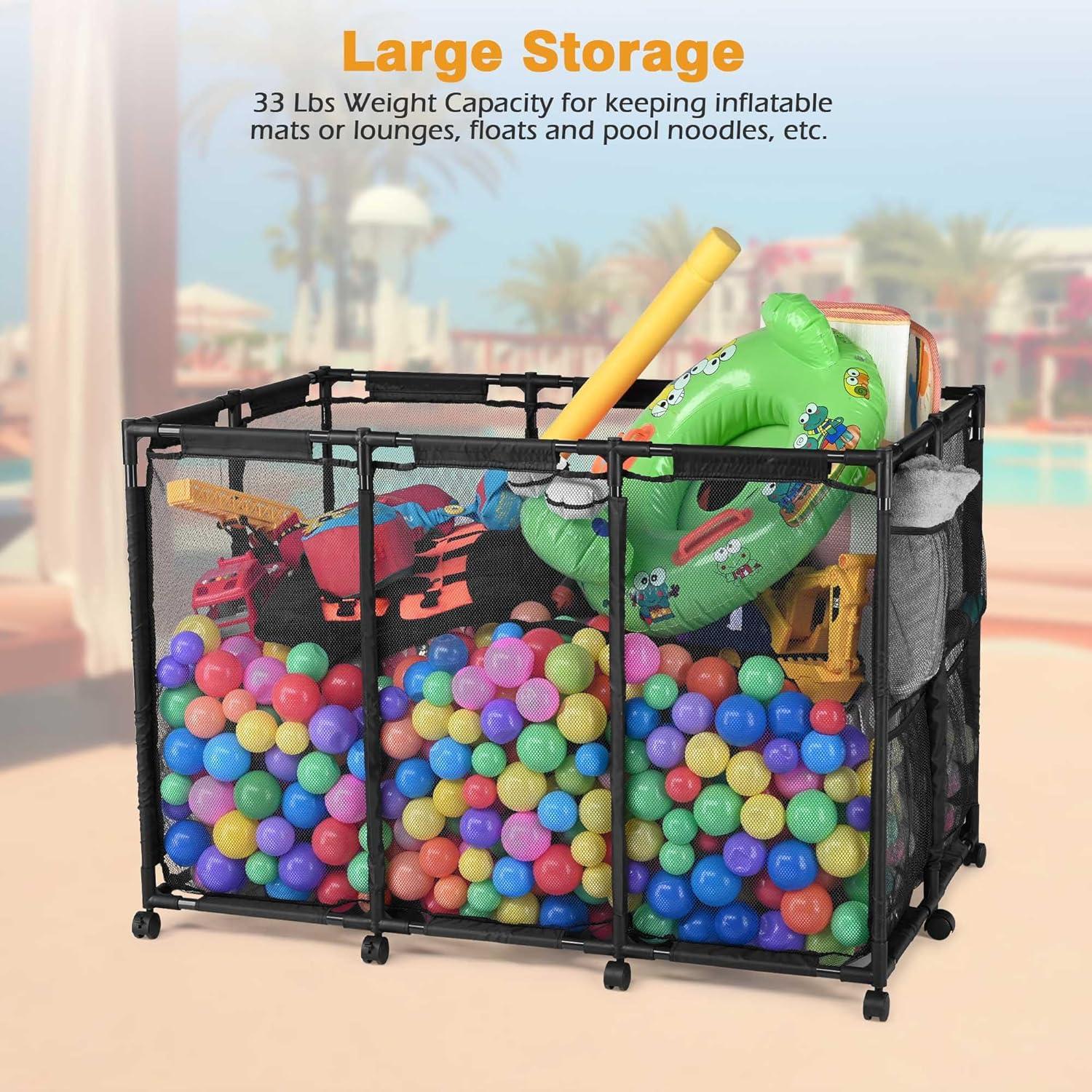 Yescom Metal Frame 10 Wheels Rolling Mesh Pool Storage Bin Pool Floats Storage Organizer for Pool Toys Balls Pool Noodles, Blue