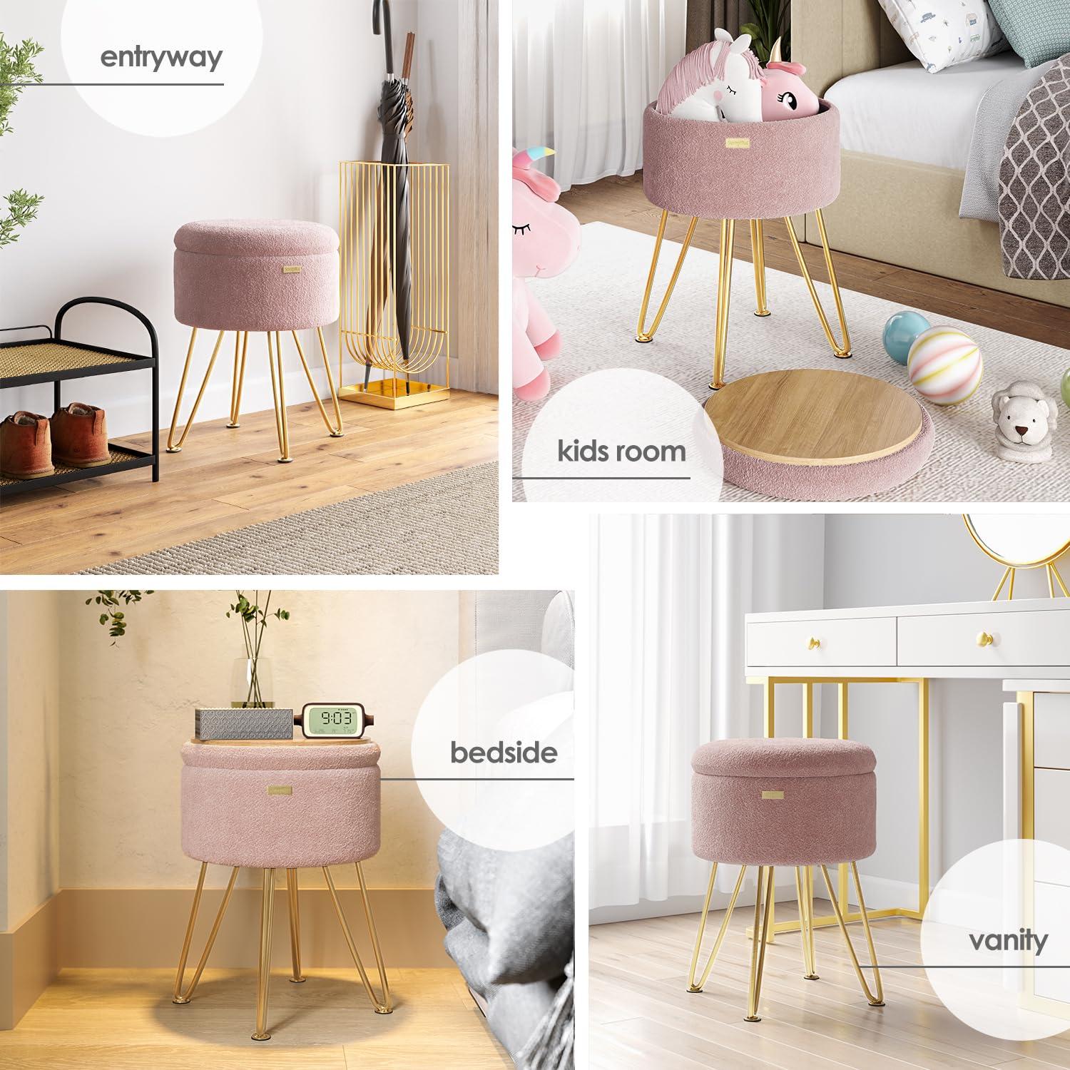 StorageBud Round Ottoman with Storage, Boucle Storage Ottoman, Modern Foot Stool Ottoman for Living Room and Bedroom, Pink/Gold Legs