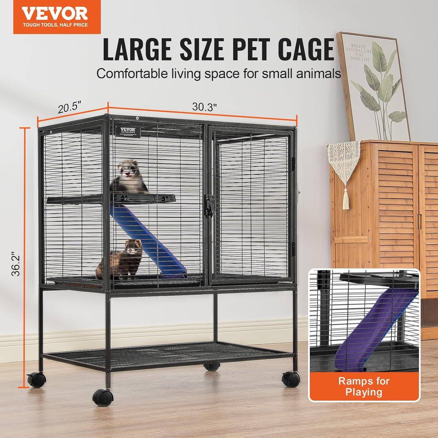 VEVOR 36-Inch 2-Tier Metal Small Animal Cage with Tray and Ramp - Rolling Ferret Cage